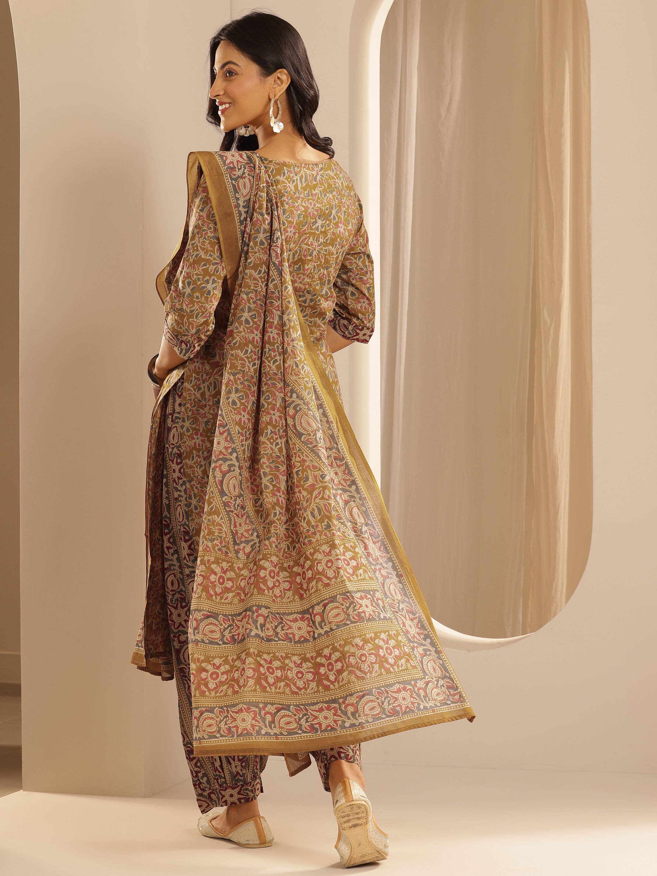 Mustard Printed Cotton Straight Kurta with Salwar and Dupatta Set