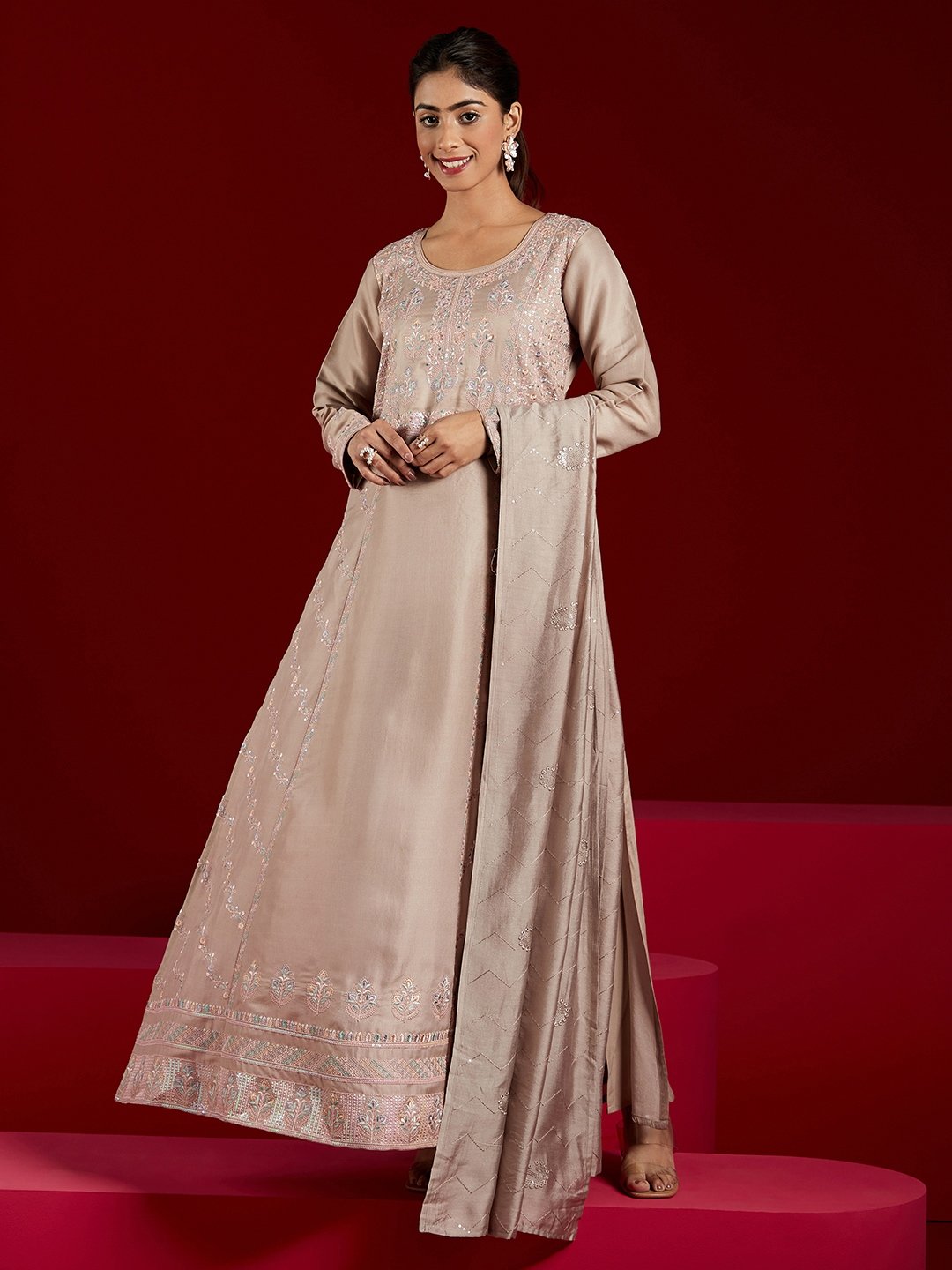 Taupe Embroidered Silk Blend A-Line Kurta with Trouser and Dupatta Set