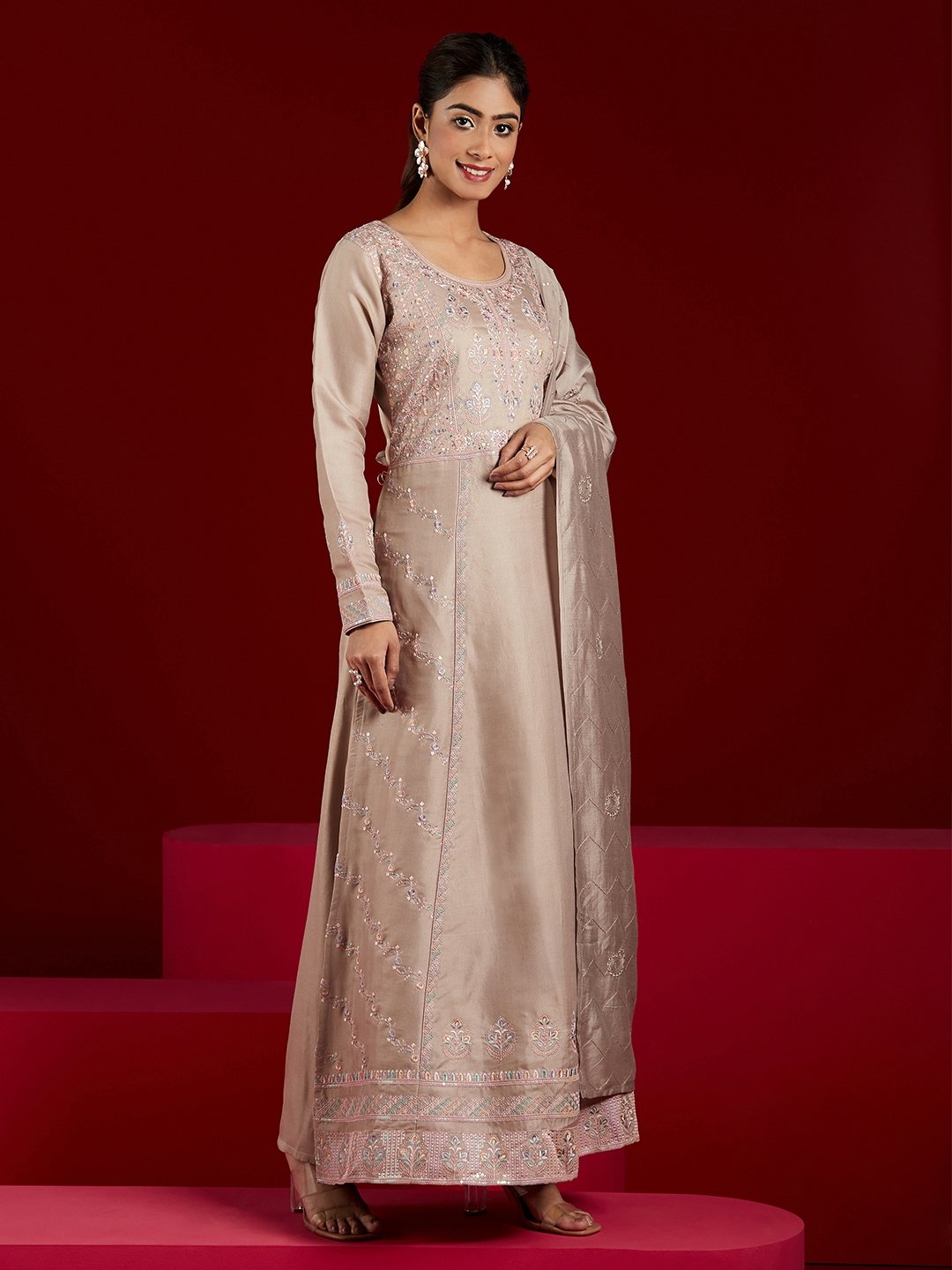 Taupe Embroidered Silk Blend A-Line Kurta with Trouser and Dupatta Set