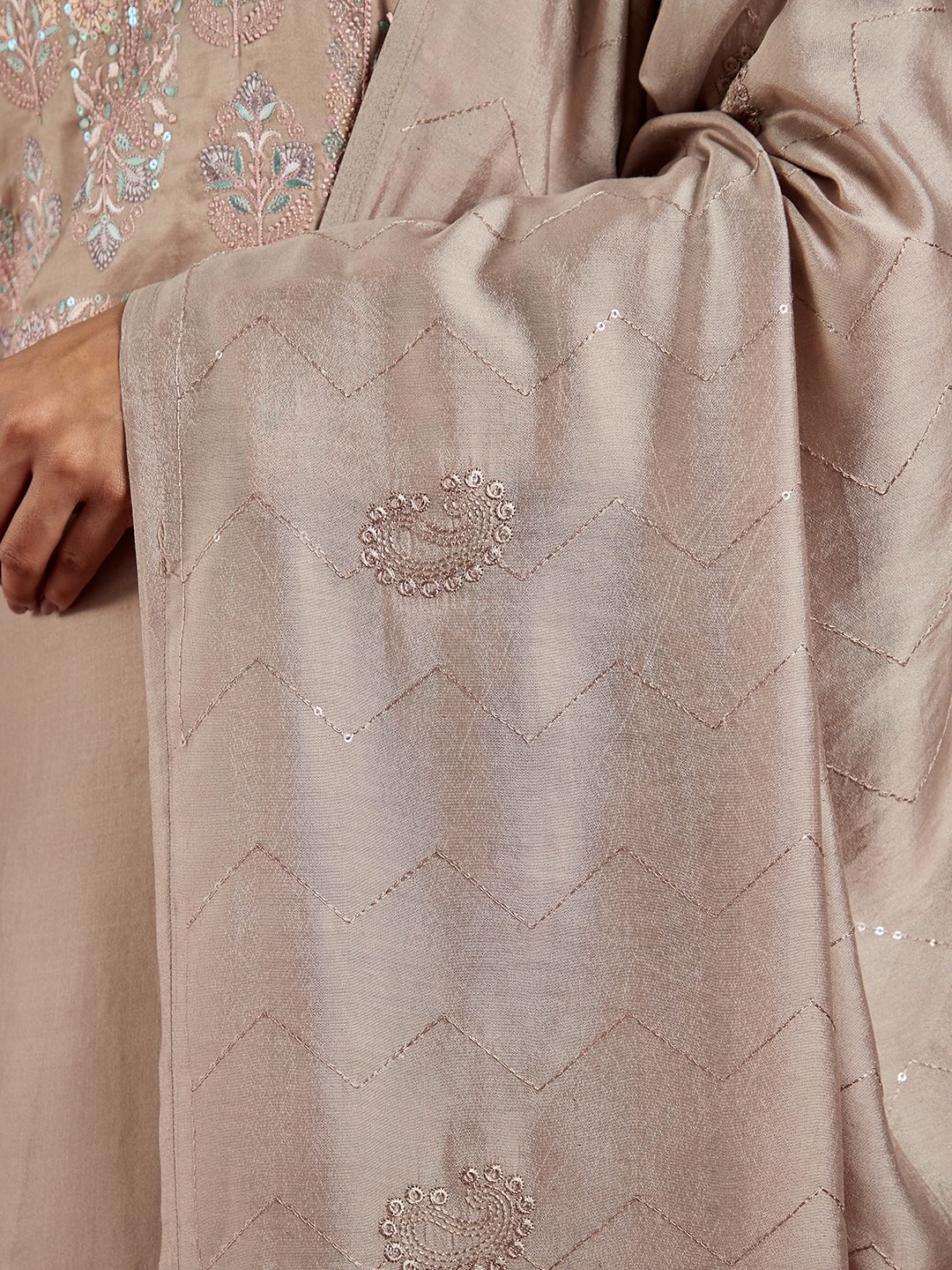 Taupe Embroidered Silk Blend A-Line Kurta with Trouser and Dupatta Set