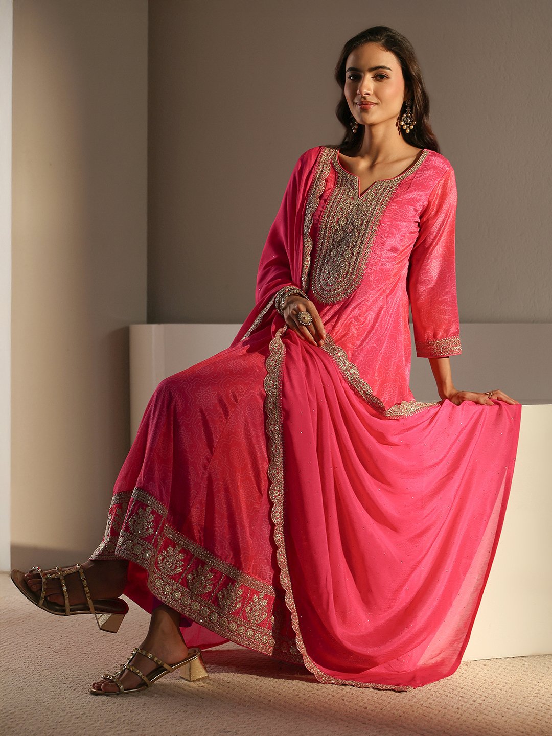 Pink Printed Anarkali Kurta with Trouser and Dupatta Set