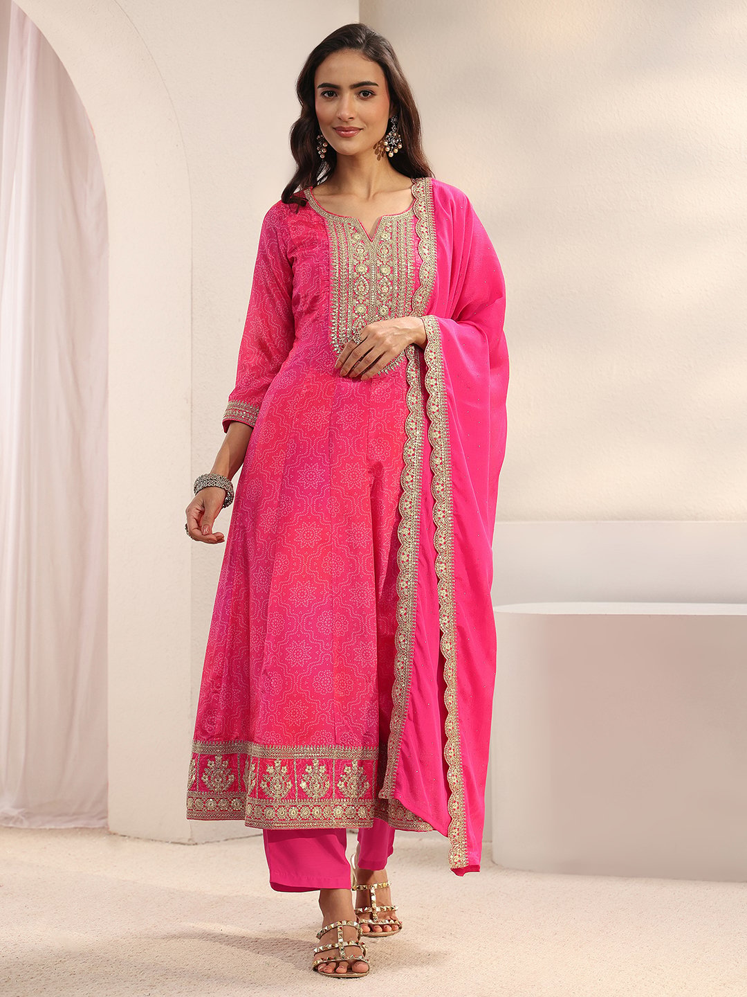 Pink Printed Anarkali Kurta with Trouser and Dupatta Set