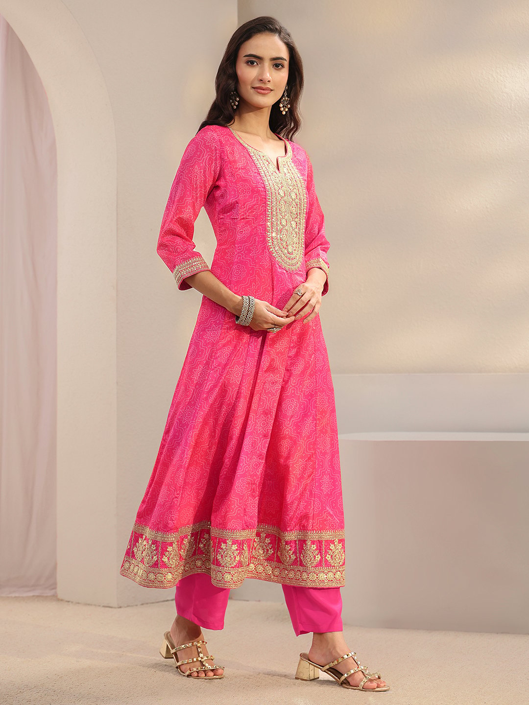 Pink Printed Anarkali Kurta with Trouser and Dupatta Set