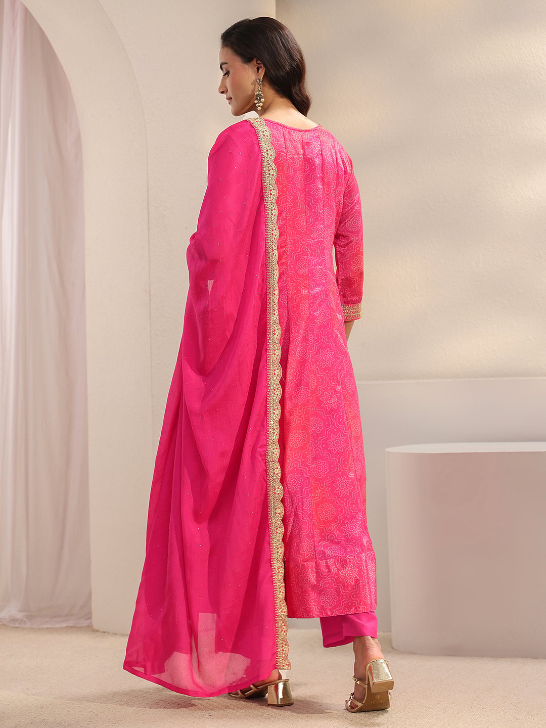 Pink Printed Anarkali Kurta with Trouser and Dupatta Set