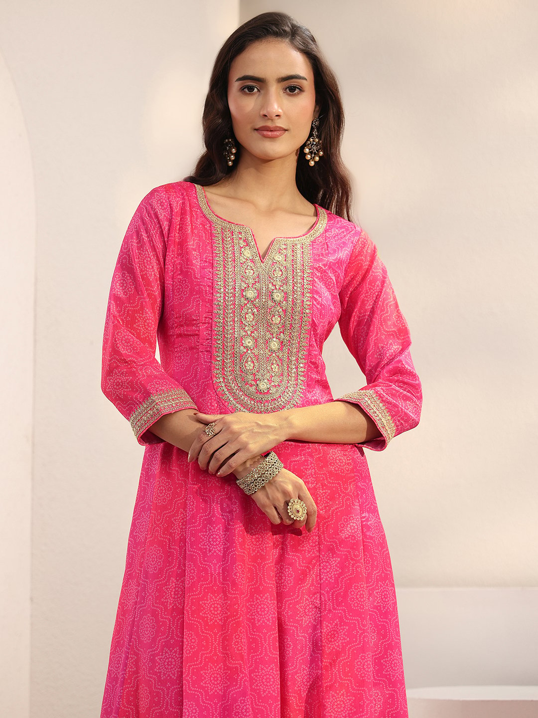 Pink Printed Anarkali Kurta with Trouser and Dupatta Set