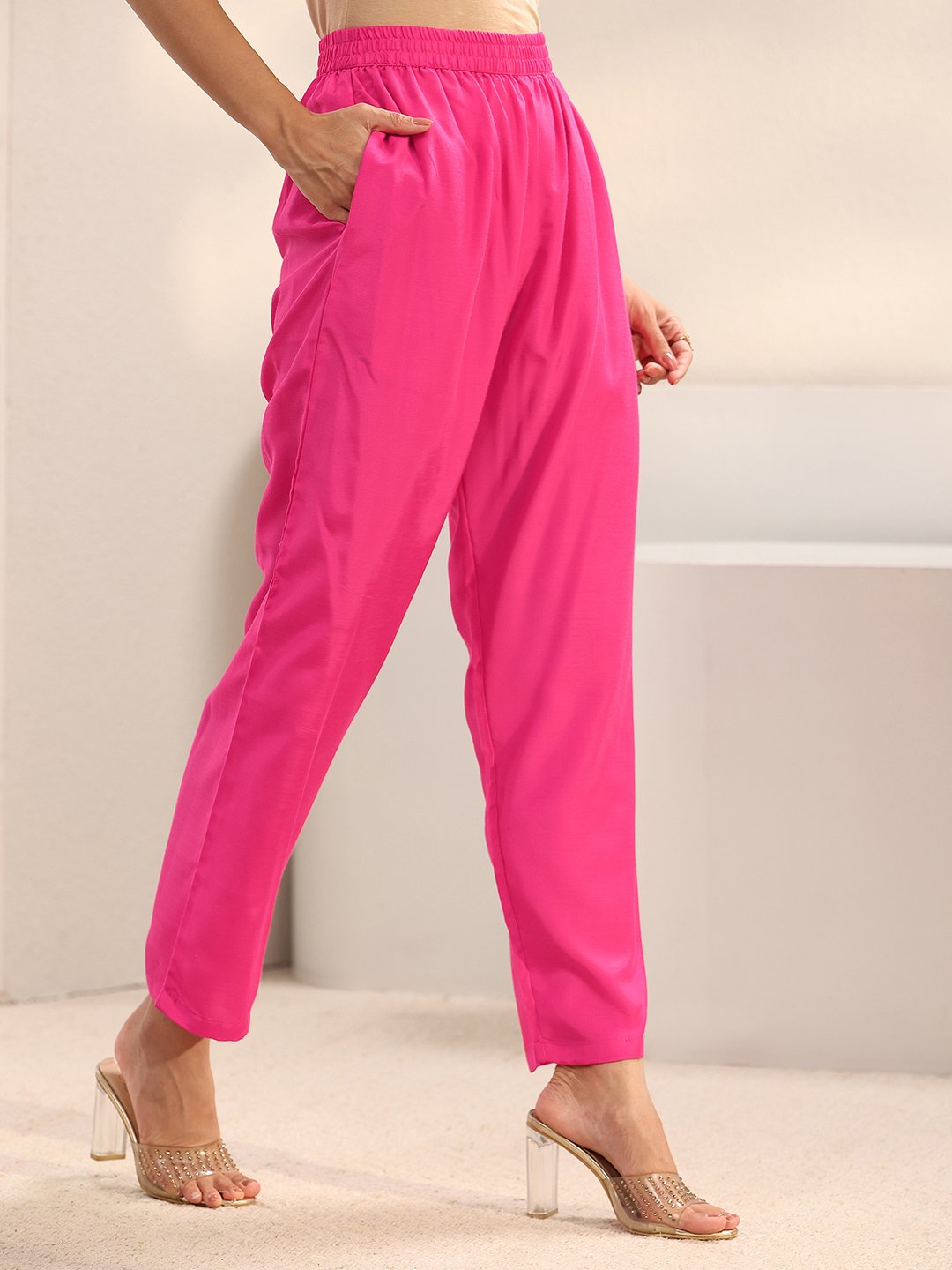 Pink Printed Anarkali Kurta with Trouser and Dupatta Set