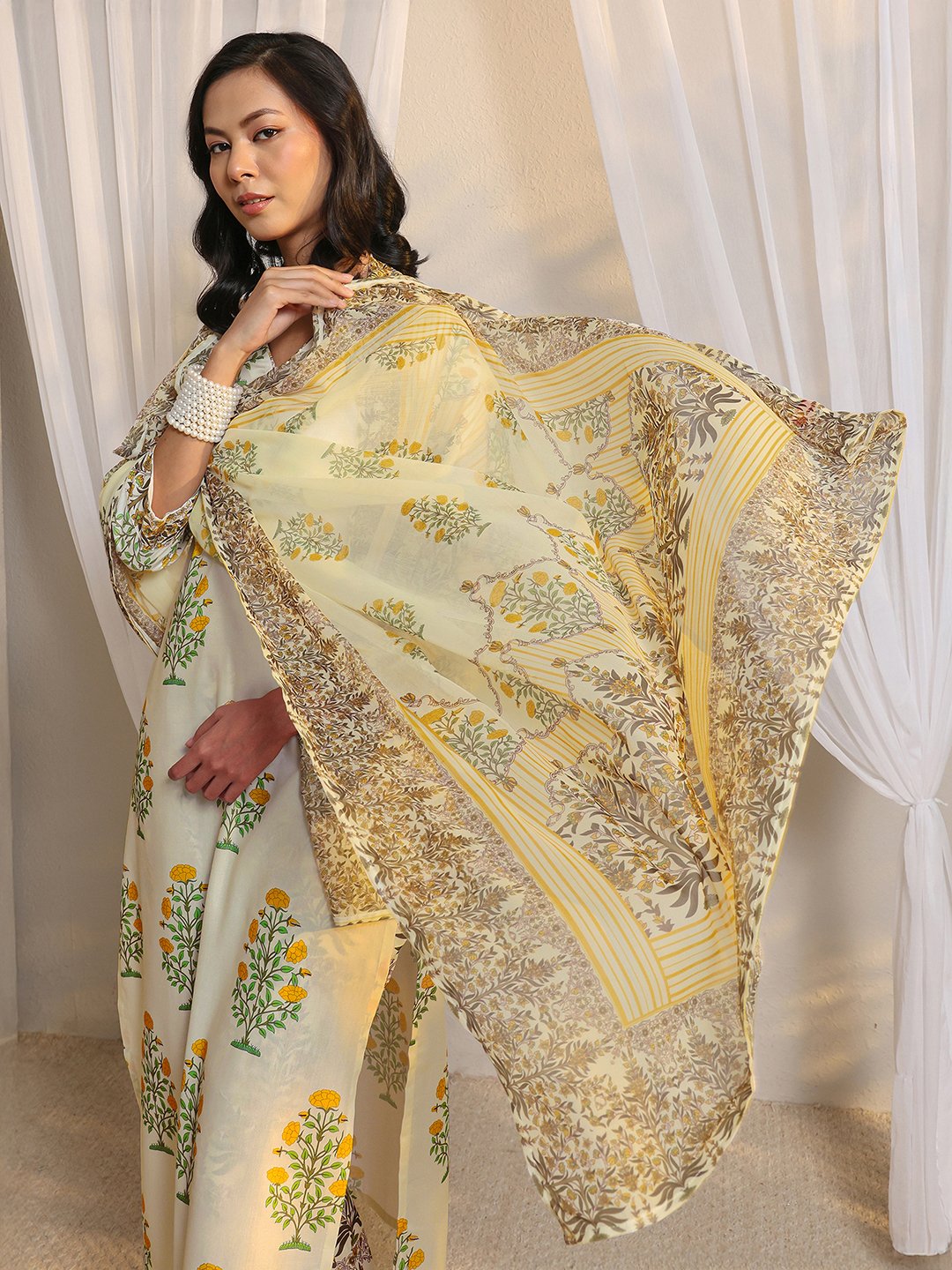 Off White Printed Chanderi Silk Straight Kurta with Trouser and Dupatta Set