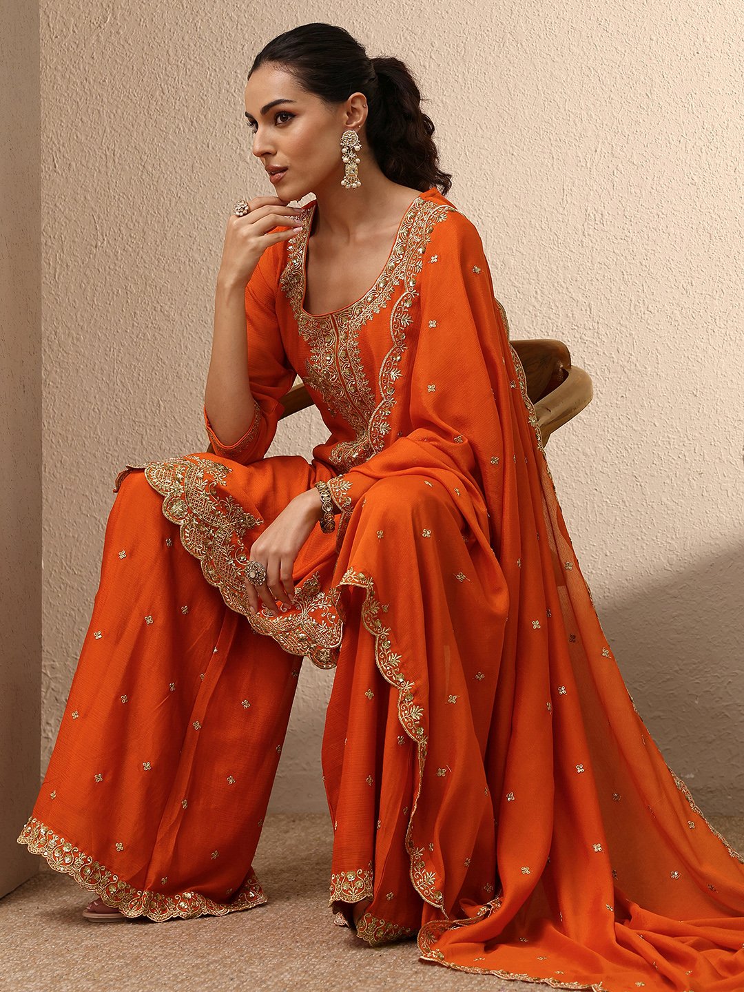 Orange Embroidered Straight Kurta with Palazzo and Dupatta Set