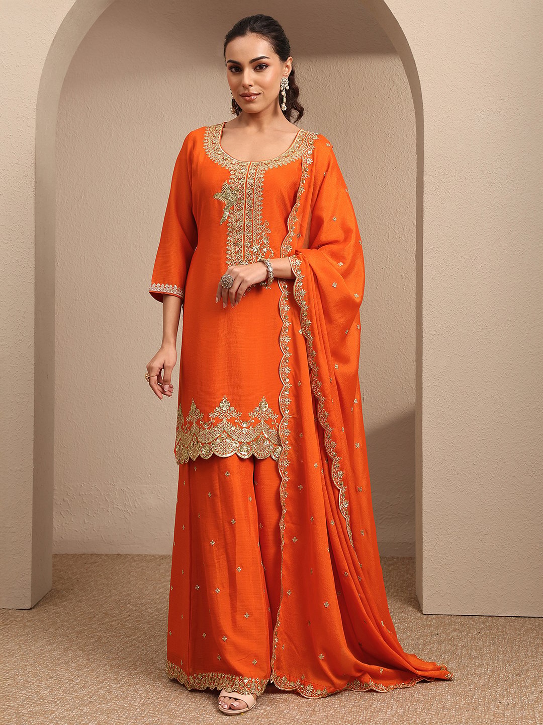 Orange Embroidered Straight Kurta with Palazzo and Dupatta Set