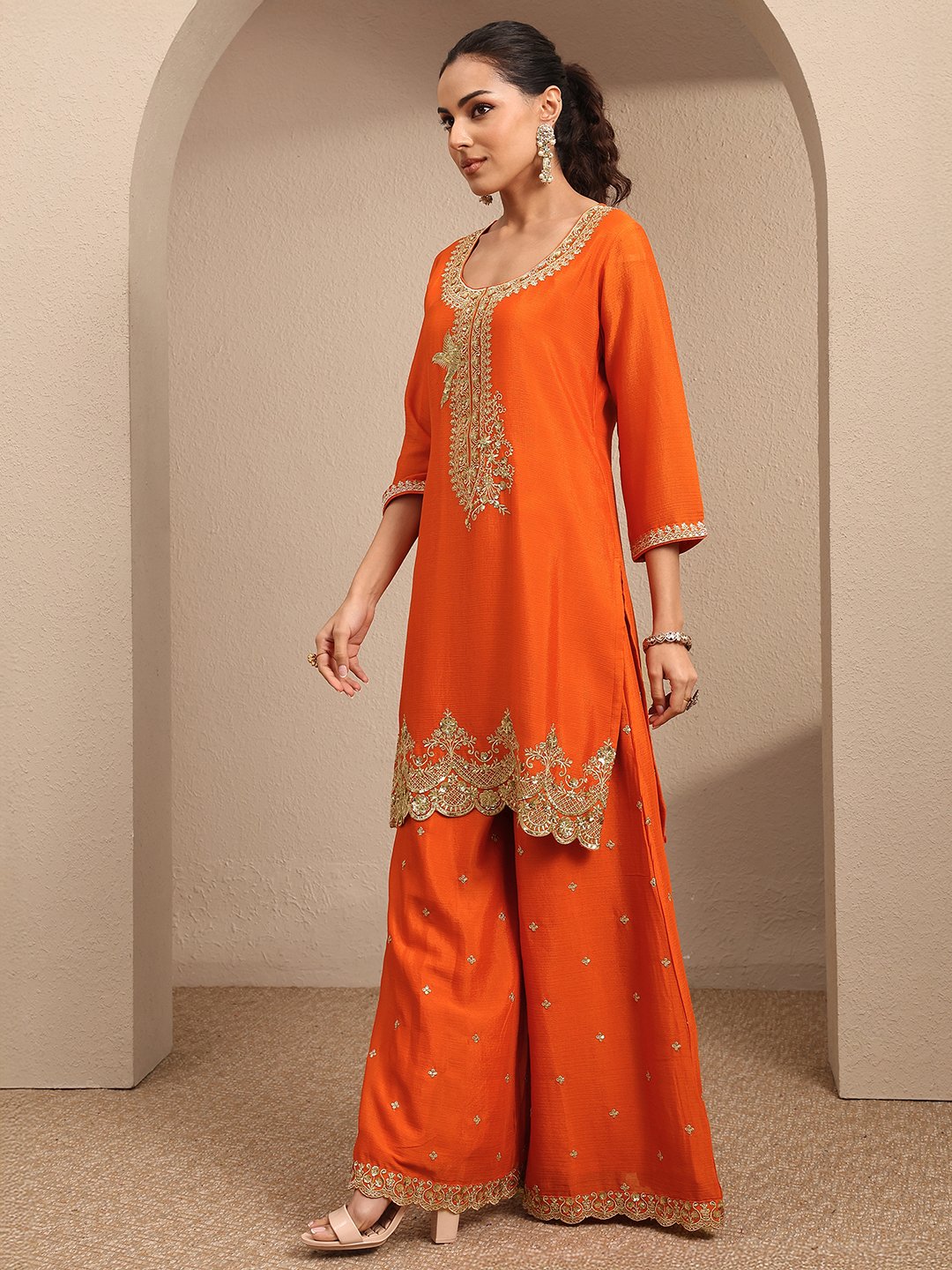 Orange Embroidered Straight Kurta with Palazzo and Dupatta Set
