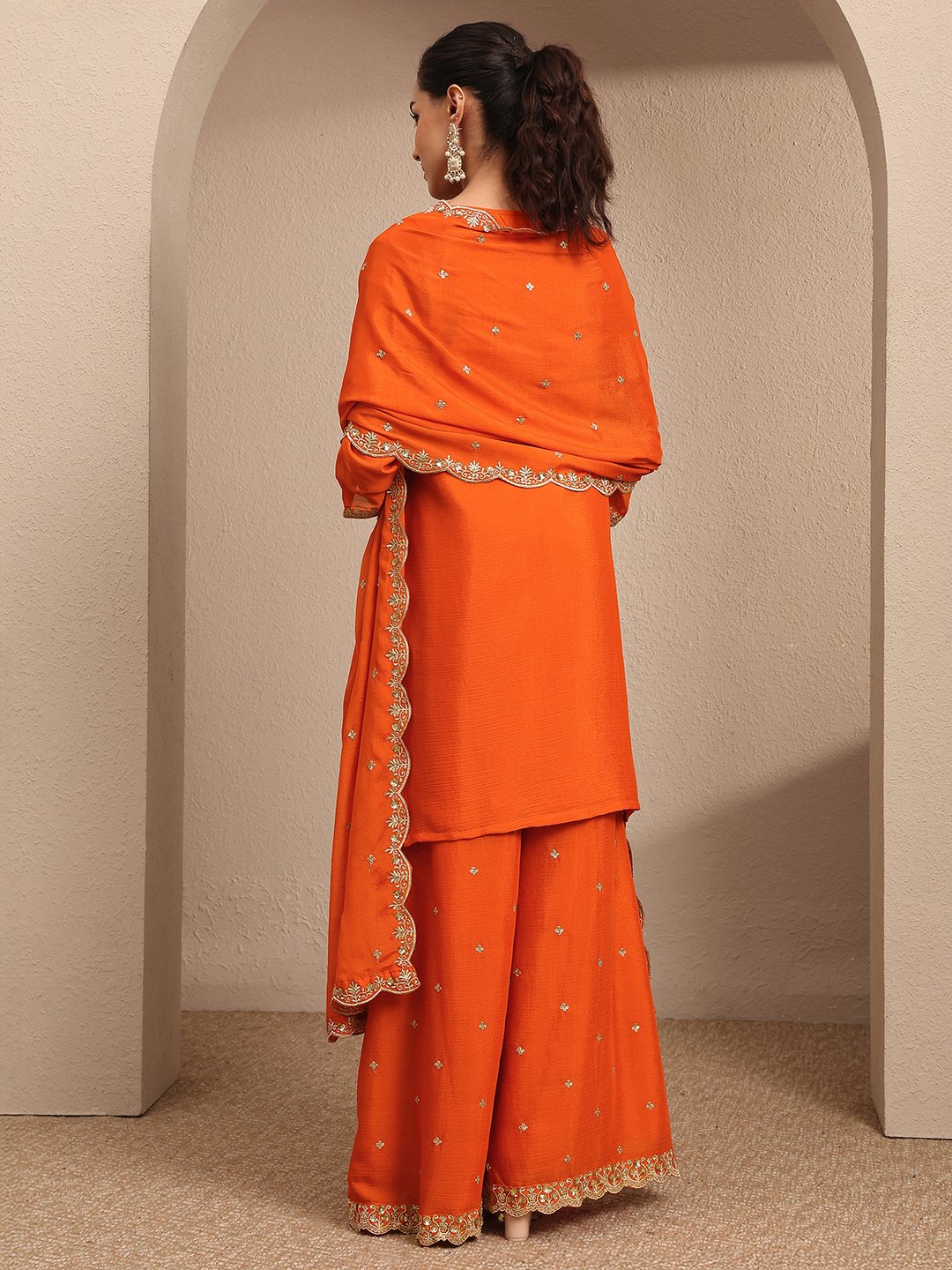 Orange Embroidered Straight Kurta with Palazzo and Dupatta Set