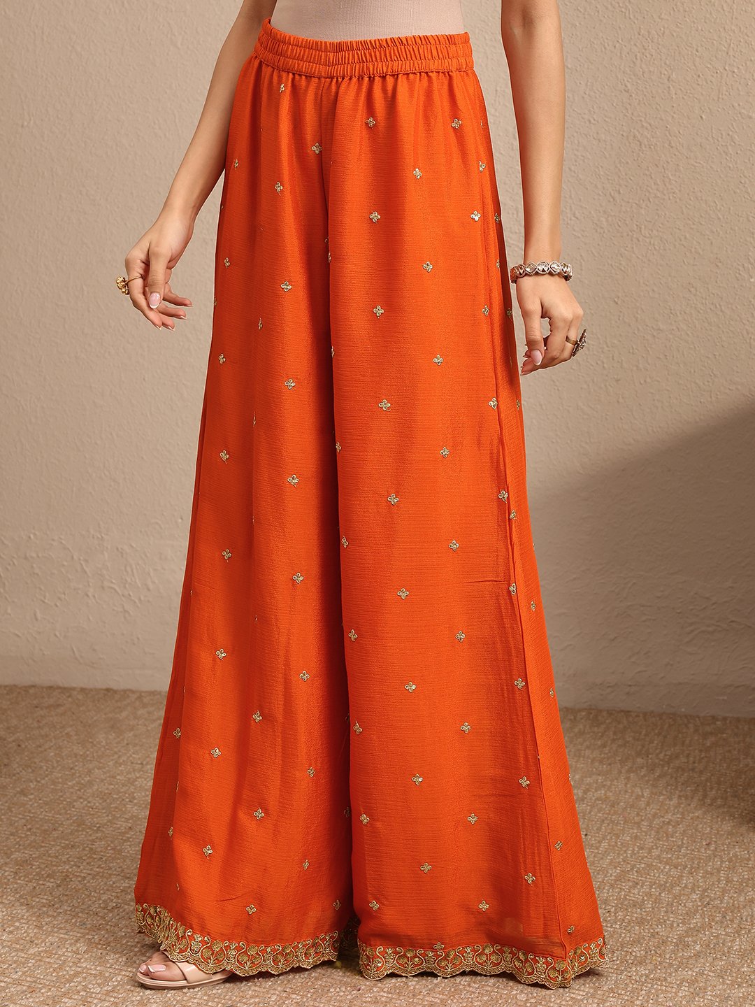 Orange Embroidered Straight Kurta with Palazzo and Dupatta Set