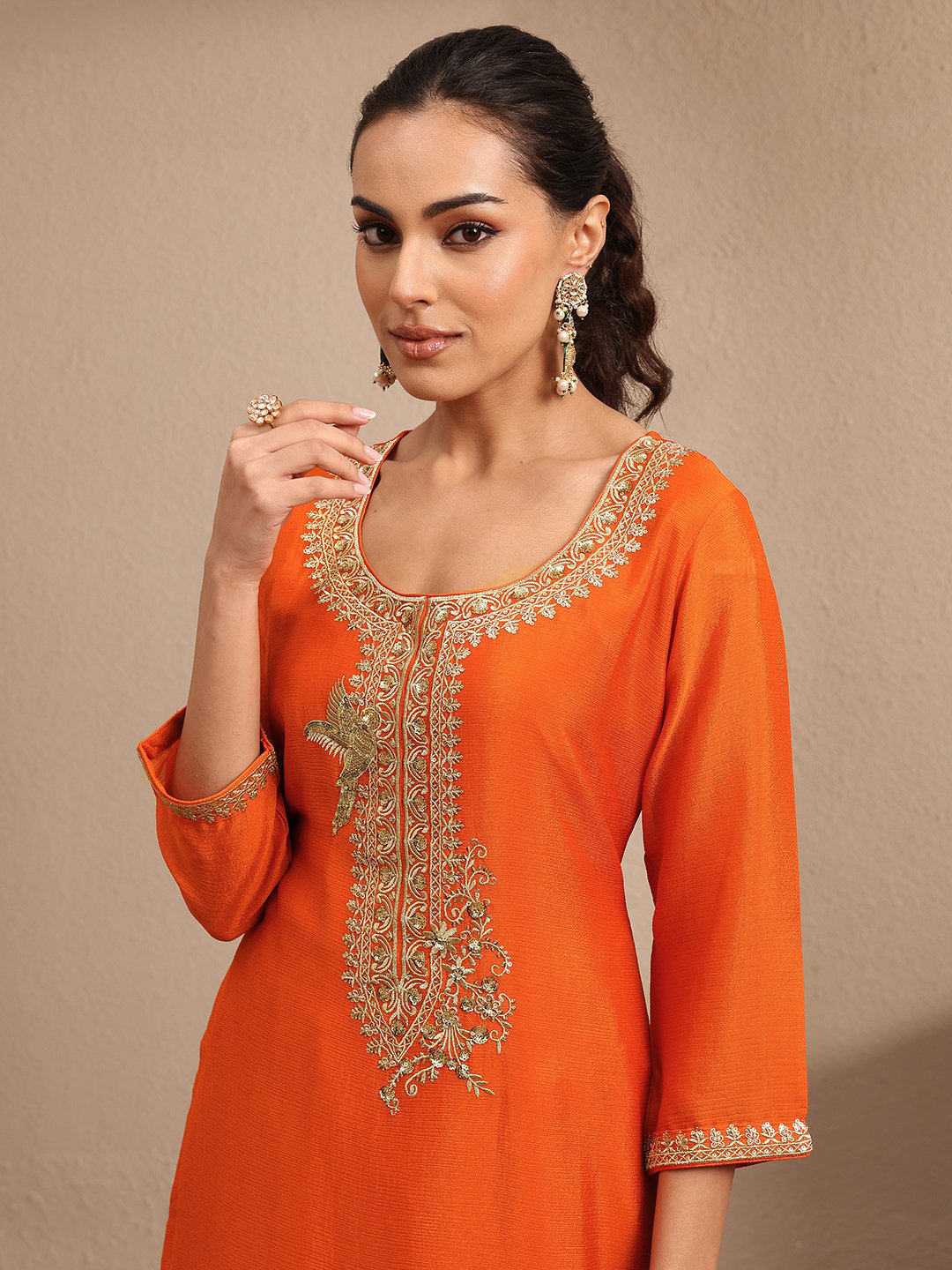 Orange Embroidered Straight Kurta with Palazzo and Dupatta Set