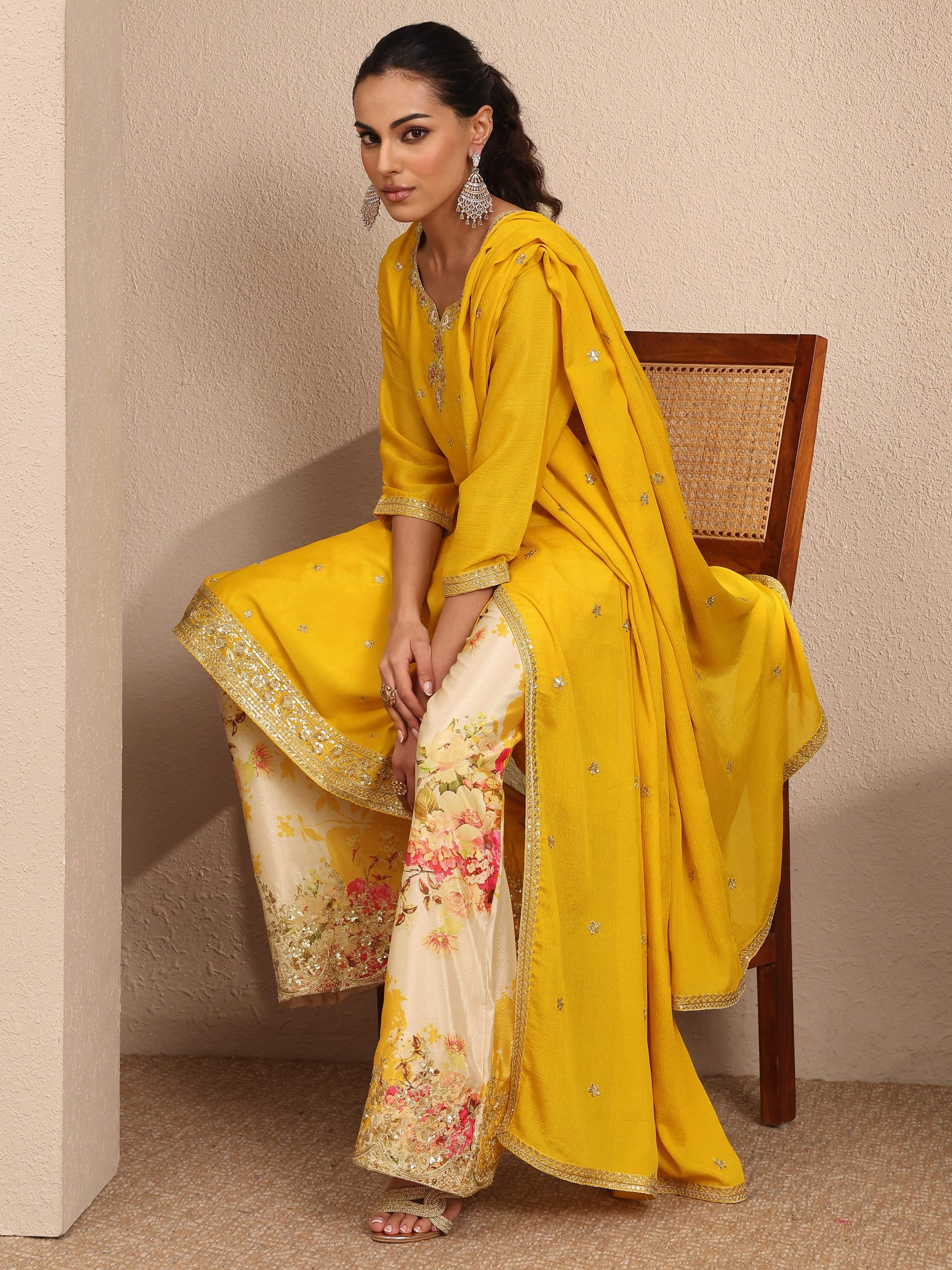 Yellow Embroidered Straight Kurta with Palazzo and Dupatta Set