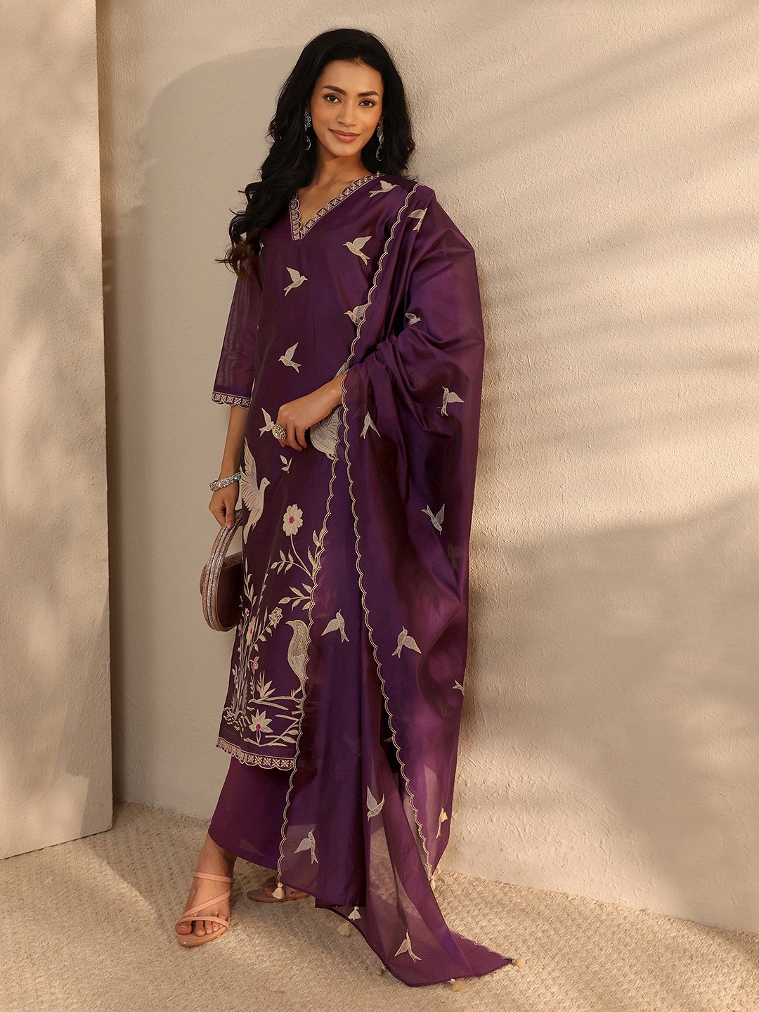 Burgundy Embroidered Silk Blend Straight Kurta with Trouser and Dupatta Set