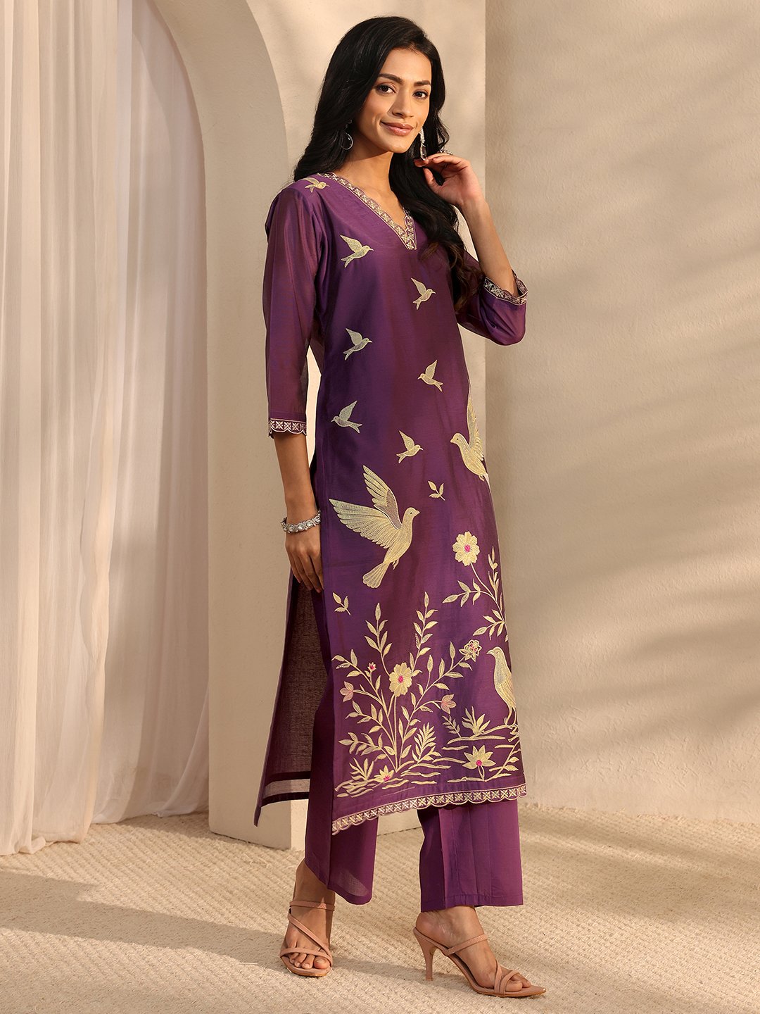 Burgundy Embroidered Silk Blend Straight Kurta with Trouser and Dupatta Set