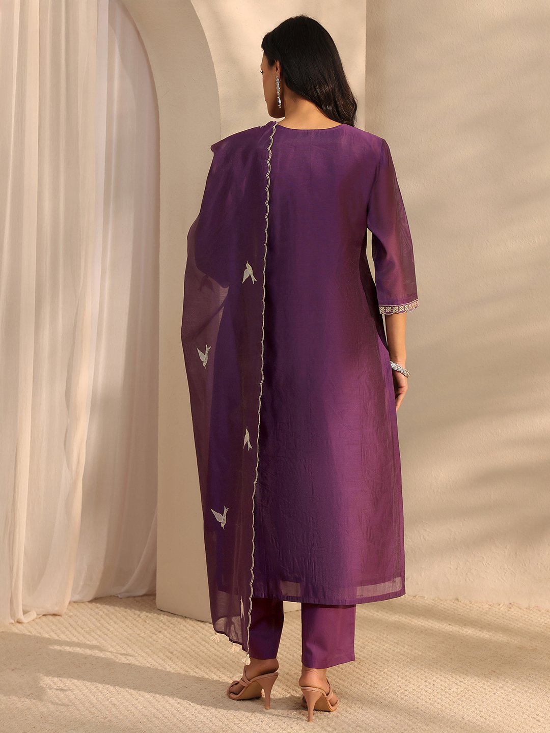 Burgundy Embroidered Silk Blend Straight Kurta with Trouser and Dupatta Set