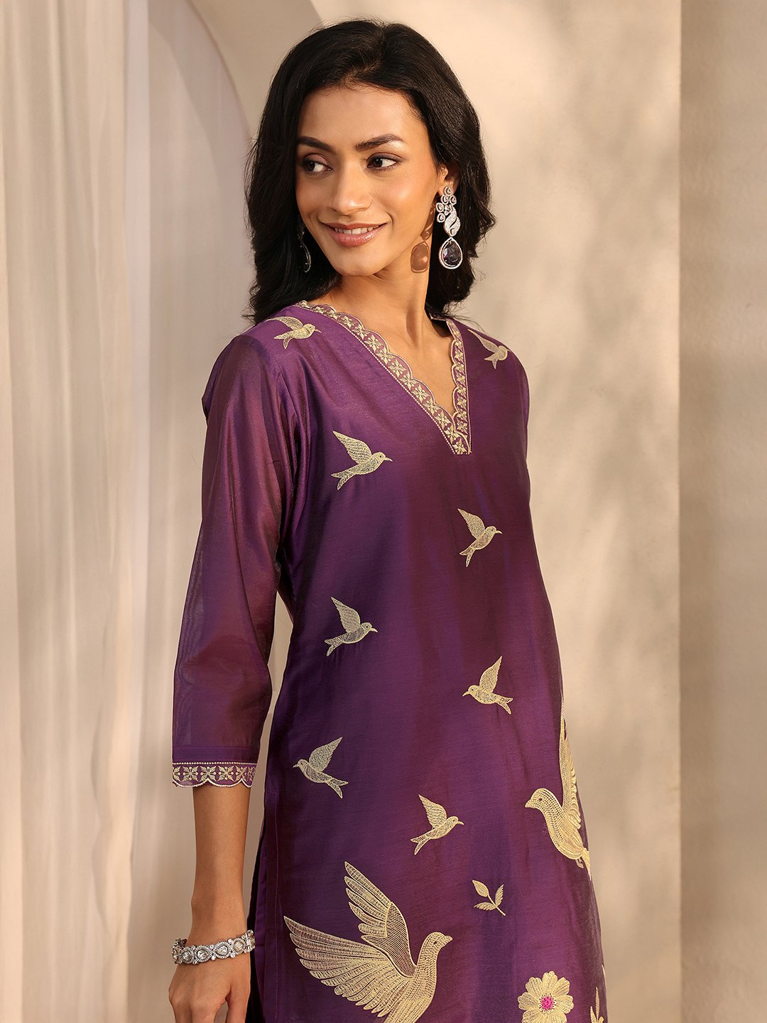Burgundy Embroidered Silk Blend Straight Kurta with Trouser and Dupatta Set