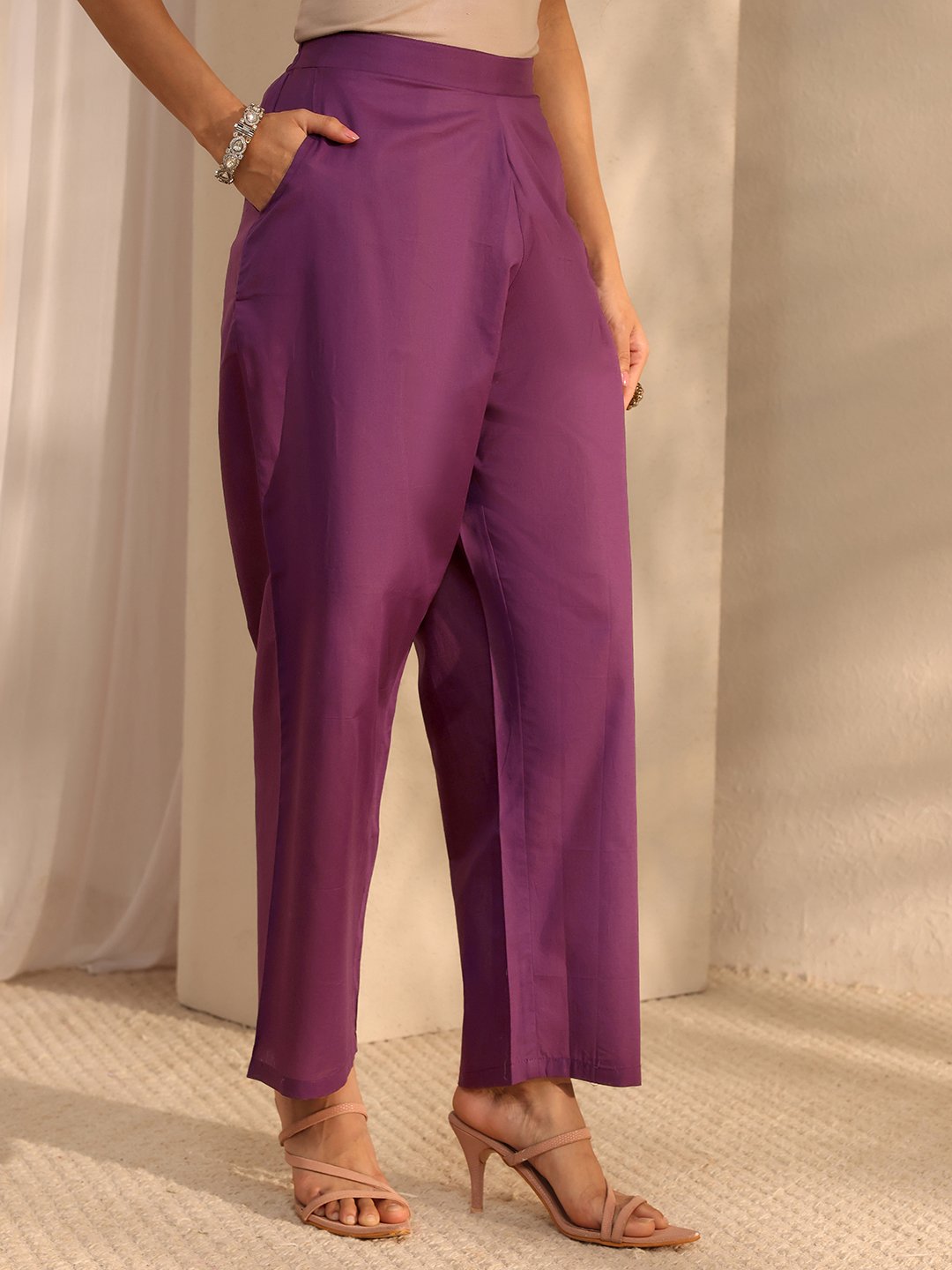 Burgundy Embroidered Silk Blend Straight Kurta with Trouser and Dupatta Set