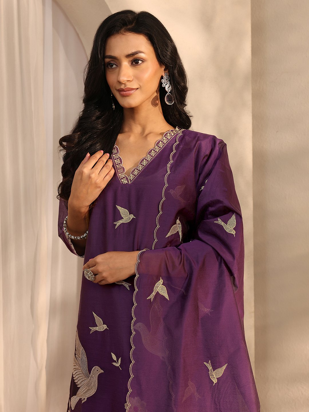Burgundy Embroidered Silk Blend Straight Kurta with Trouser and Dupatta Set