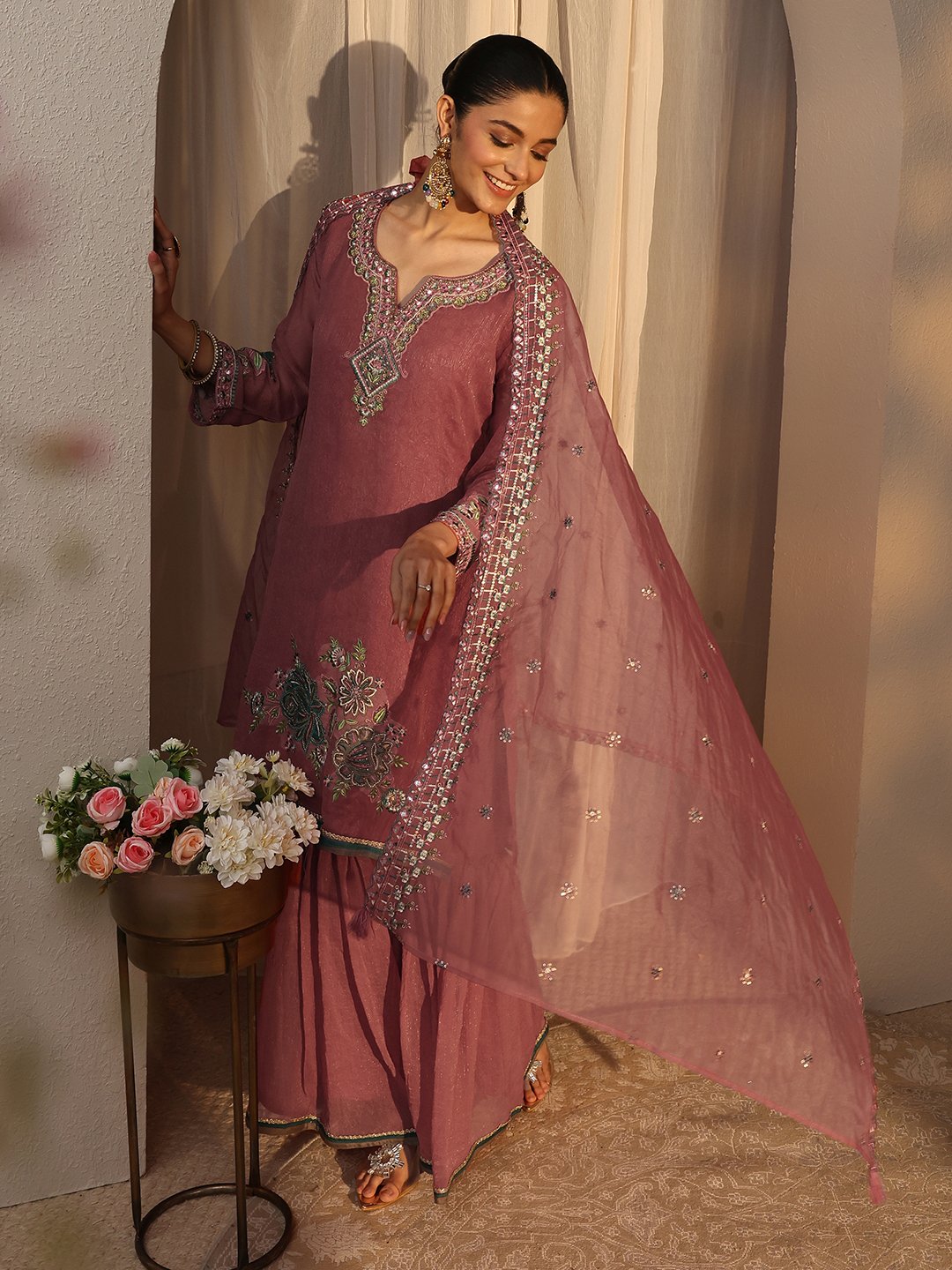 Peach Embroidered Chiffon Straight Kurta with Sharara and Dupatta Set