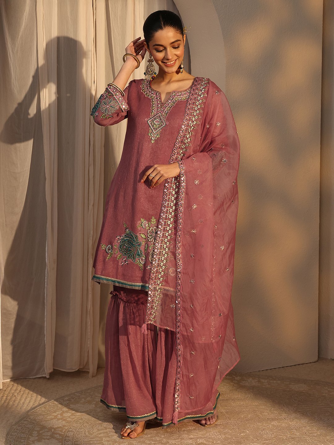 Peach Embroidered Chiffon Straight Kurta with Sharara and Dupatta Set