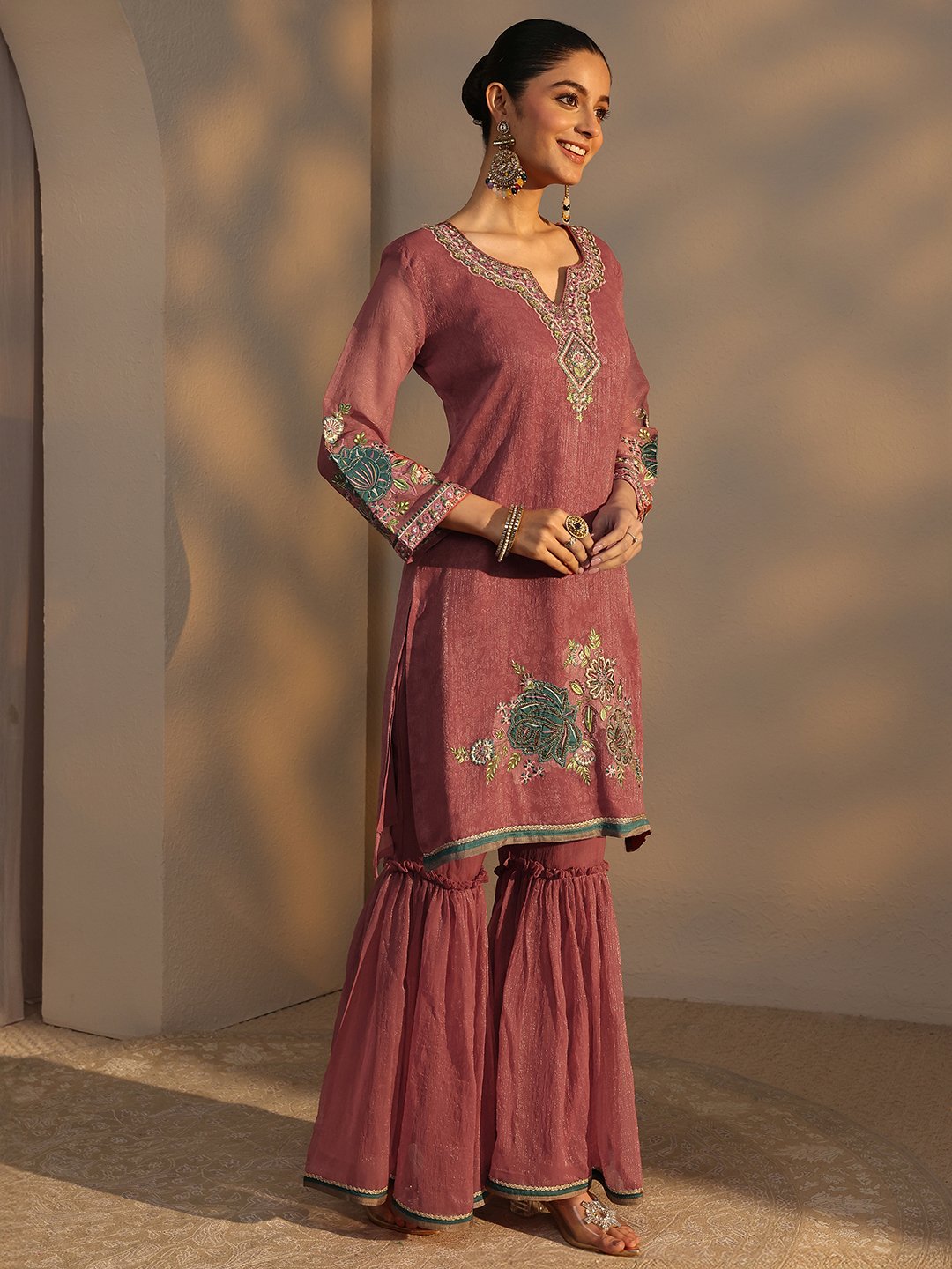 Peach Embroidered Chiffon Straight Kurta with Sharara and Dupatta Set