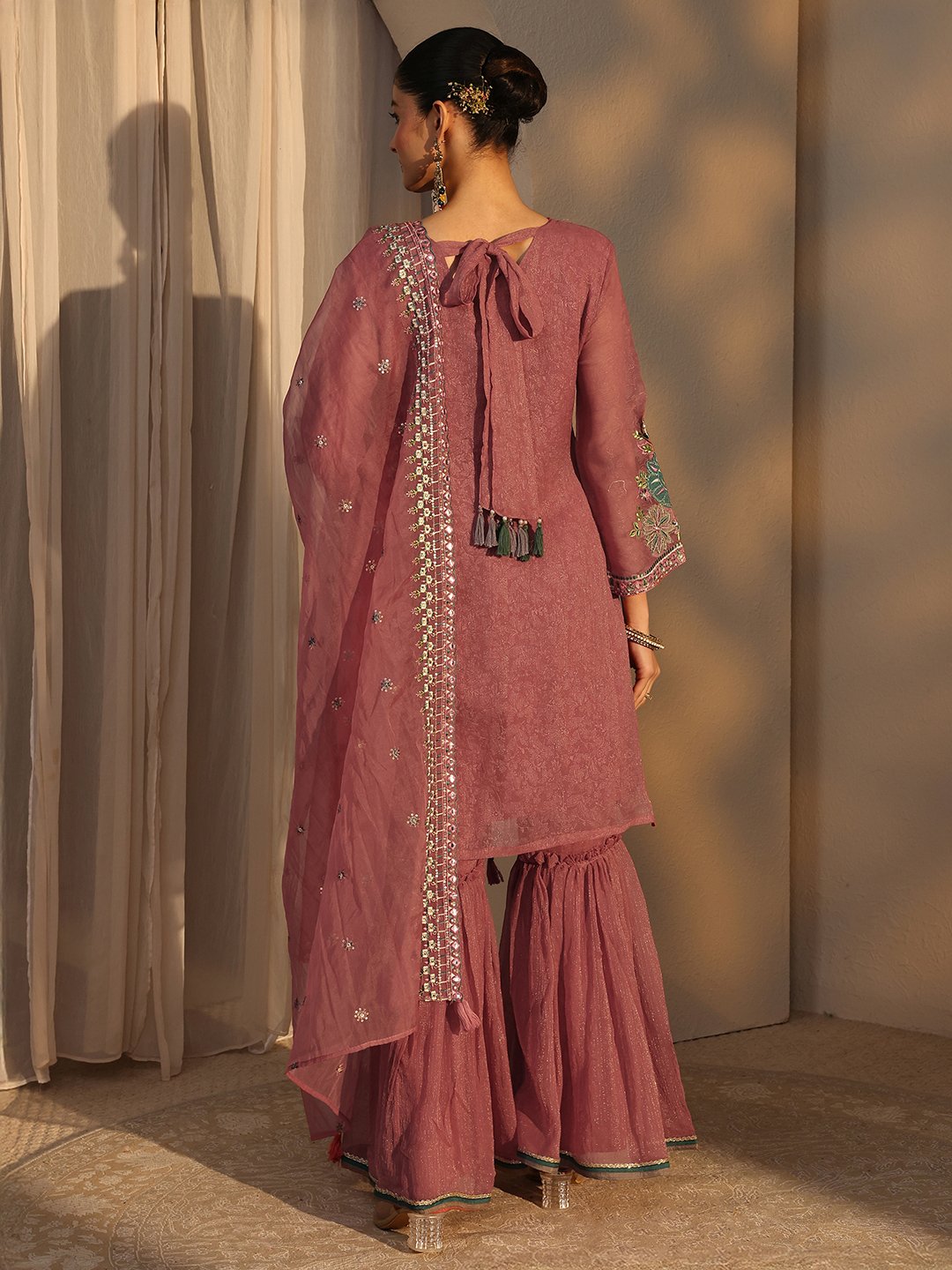 Peach Embroidered Chiffon Straight Kurta with Sharara and Dupatta Set
