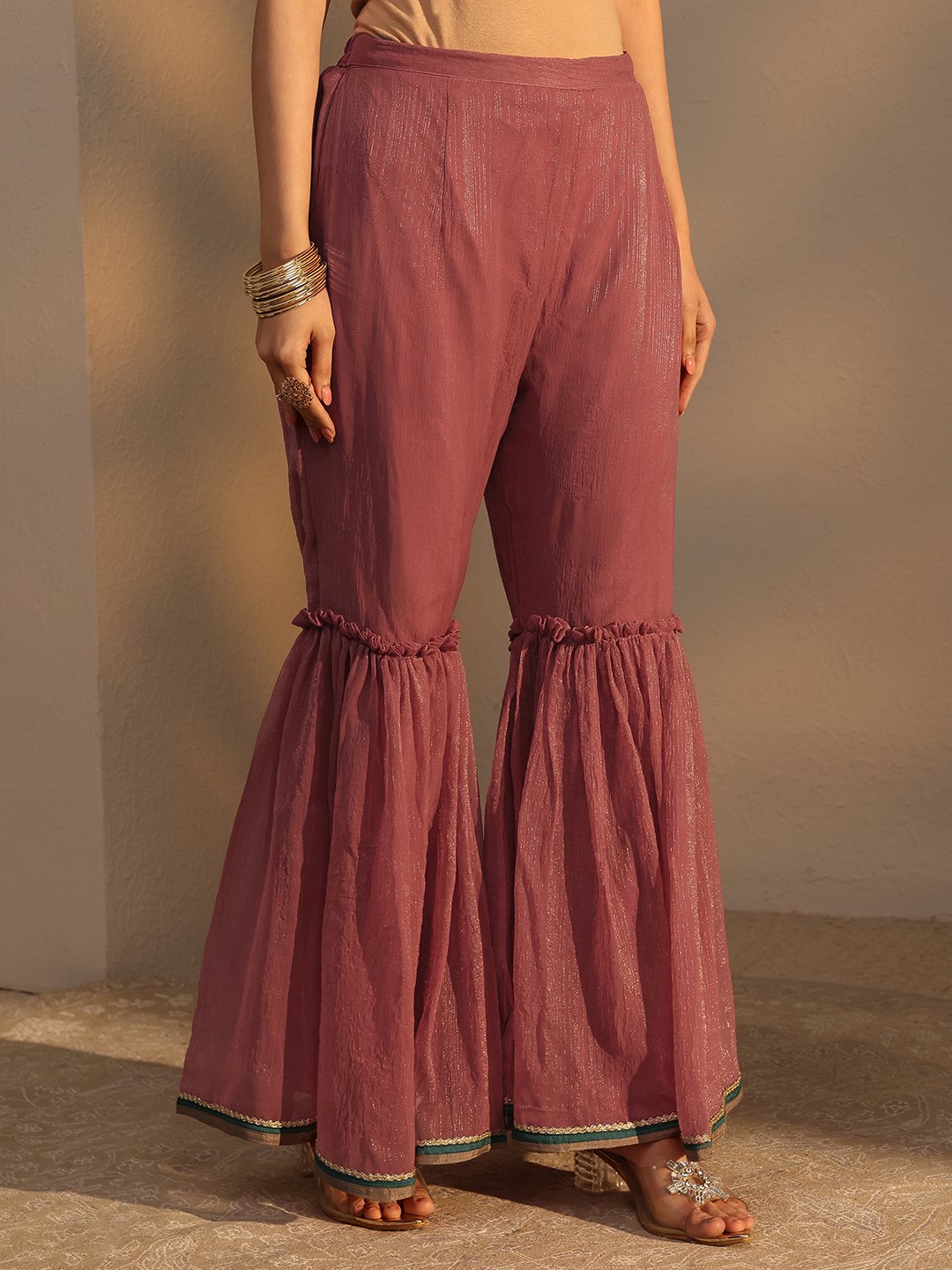 Peach Embroidered Chiffon Straight Kurta with Sharara and Dupatta Set