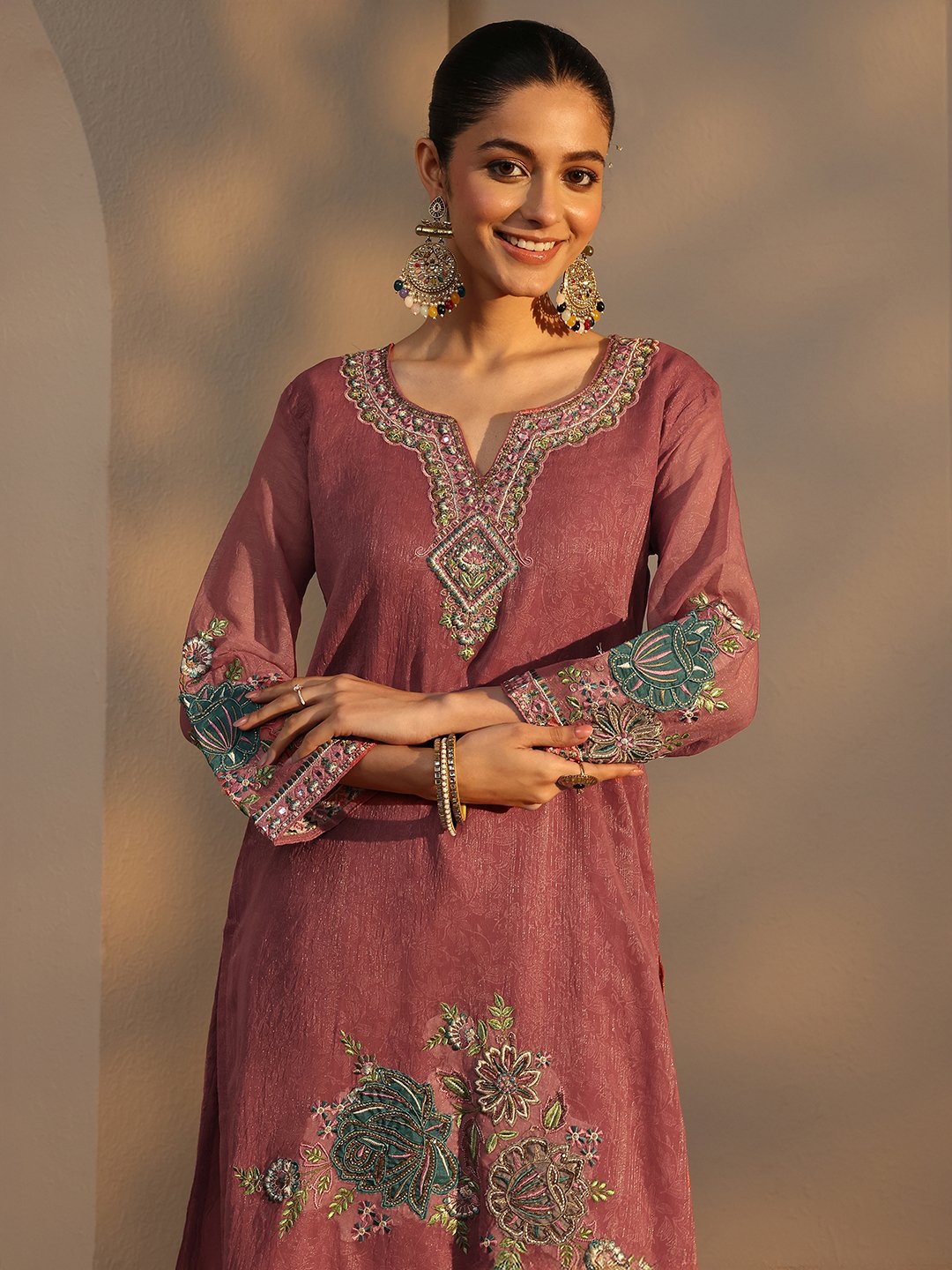 Peach Embroidered Chiffon Straight Kurta with Sharara and Dupatta Set