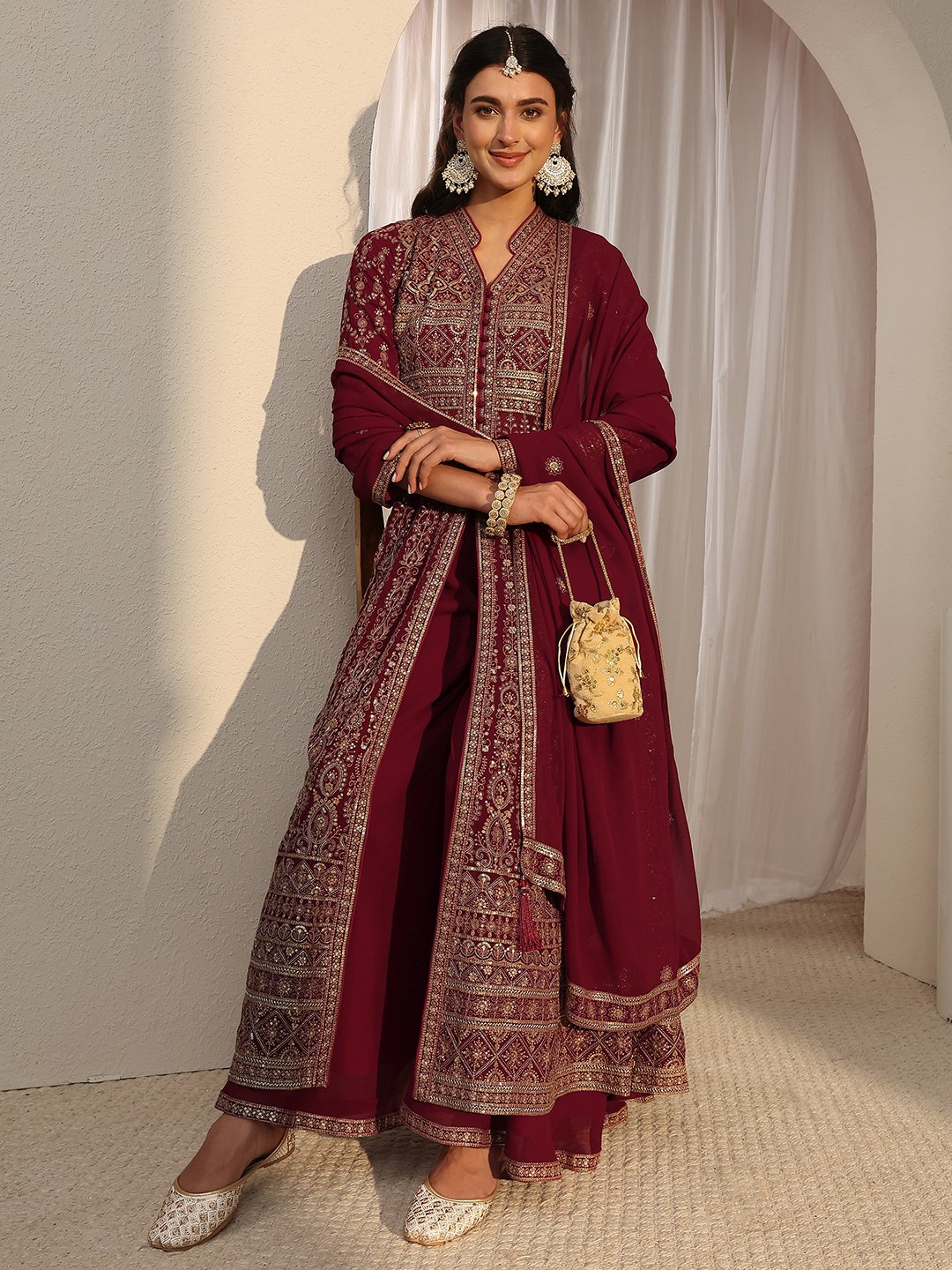 Maroon Printed Georgette A-Line Kurta with Palazzo and Dupatta Set