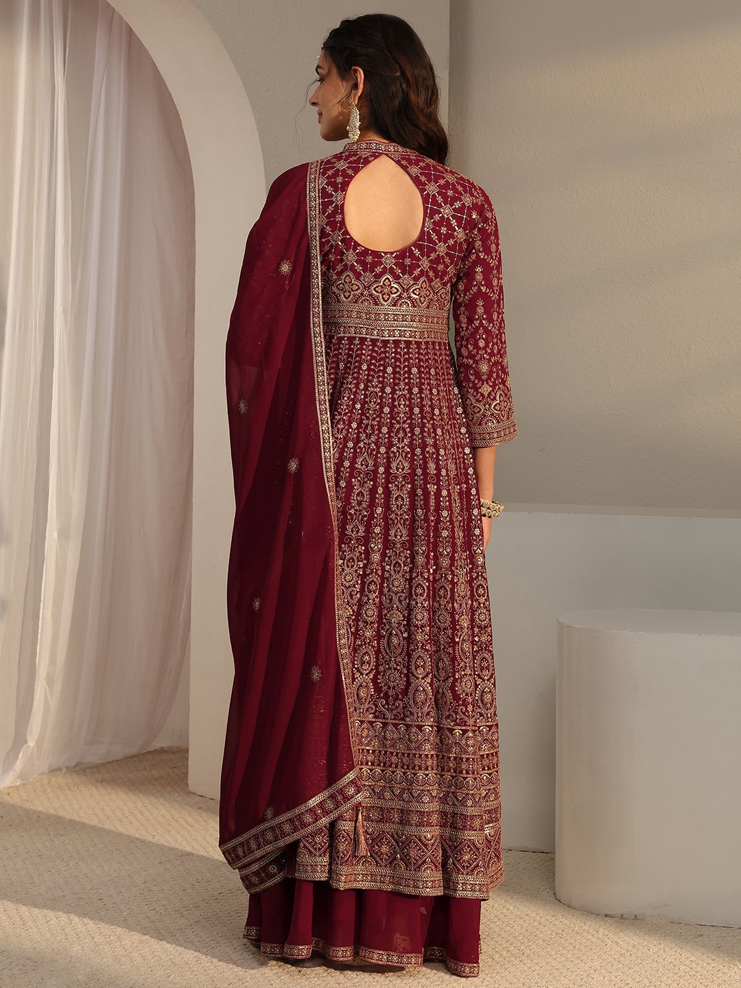 Maroon Printed Georgette A-Line Kurta with Palazzo and Dupatta Set