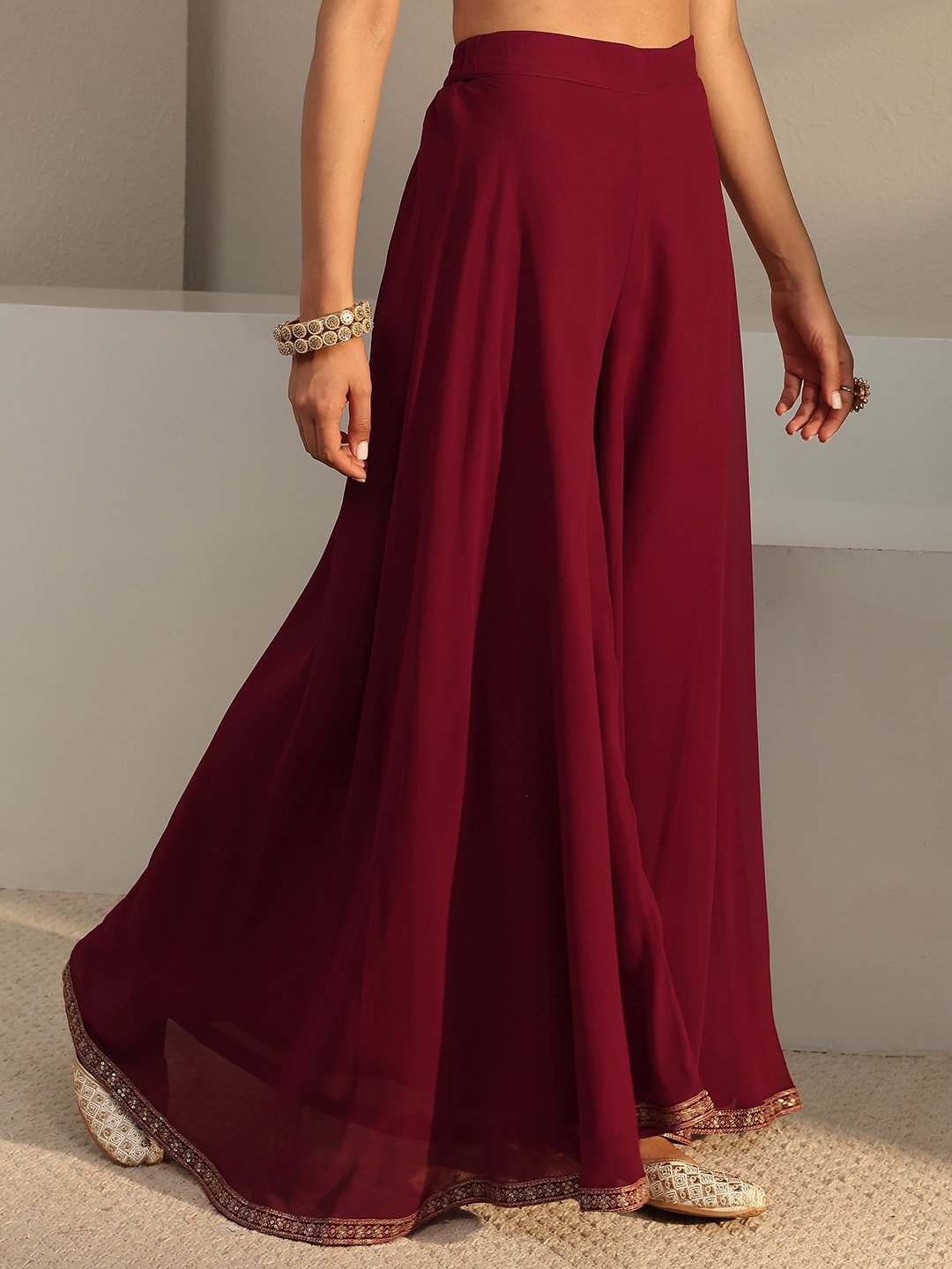 Maroon Printed Georgette A-Line Kurta with Palazzo and Dupatta Set