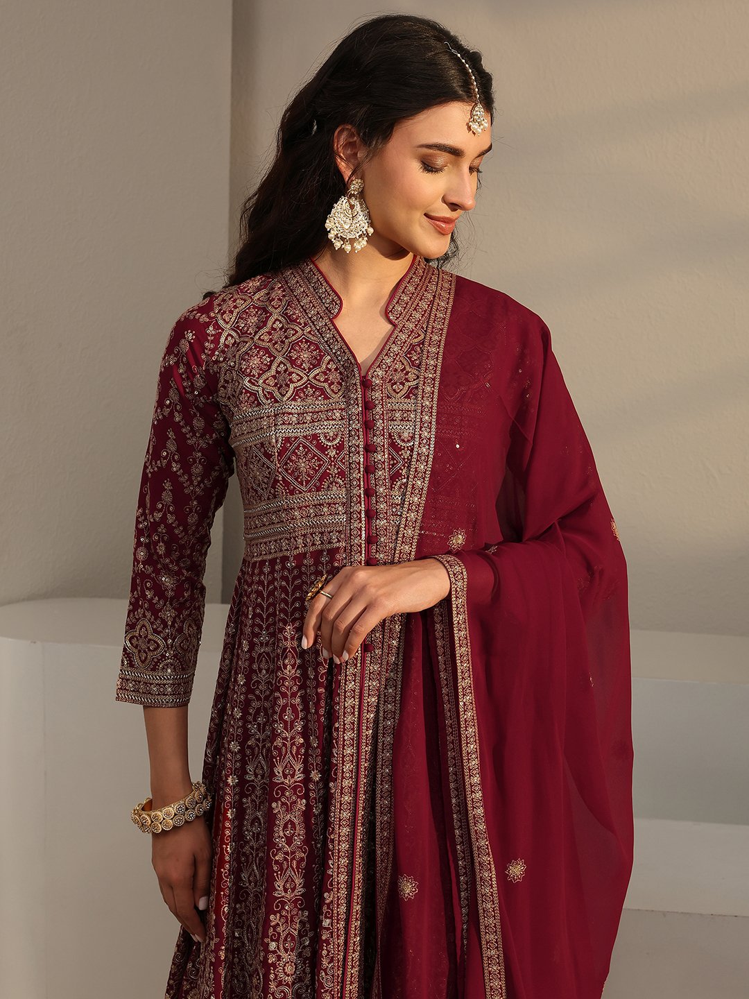 Maroon Printed Georgette A-Line Kurta with Palazzo and Dupatta Set