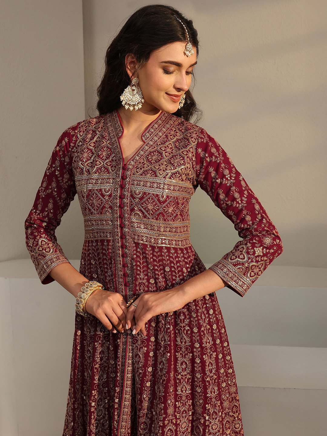 Maroon Printed Georgette A-Line Kurta with Palazzo and Dupatta Set