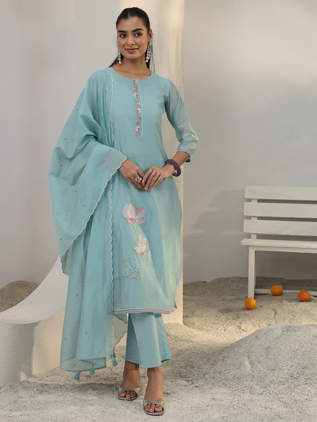 Blue Embroidered Silk Blend Straight Kurta with Trousers and Dupatta Set