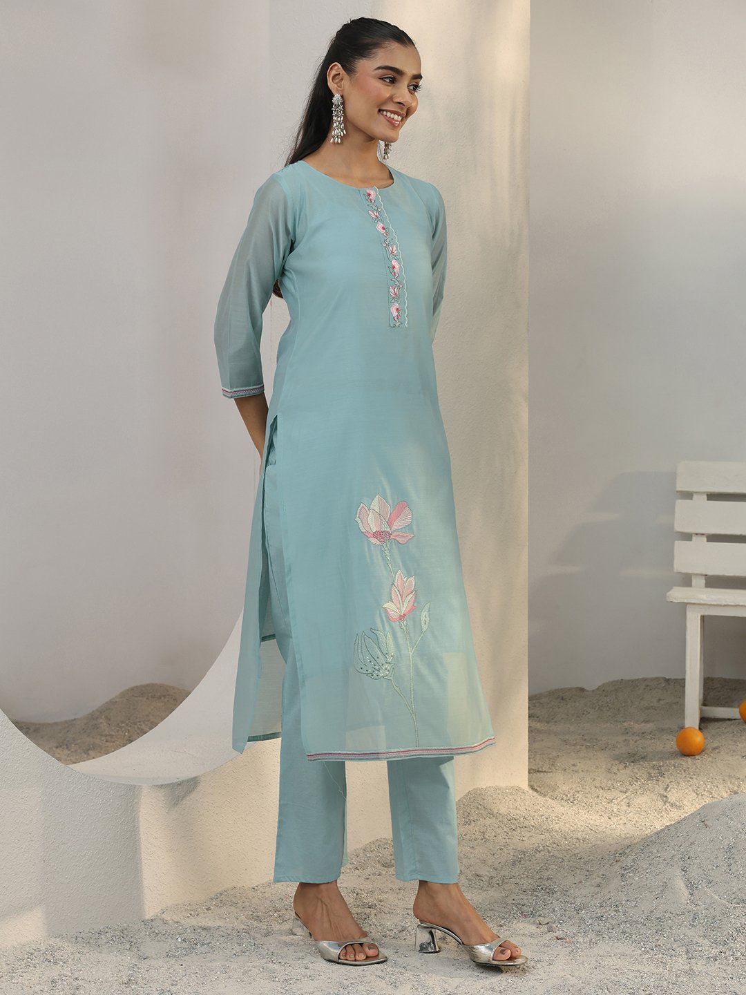 Blue Embroidered Silk Blend Straight Kurta with Trousers and Dupatta Set