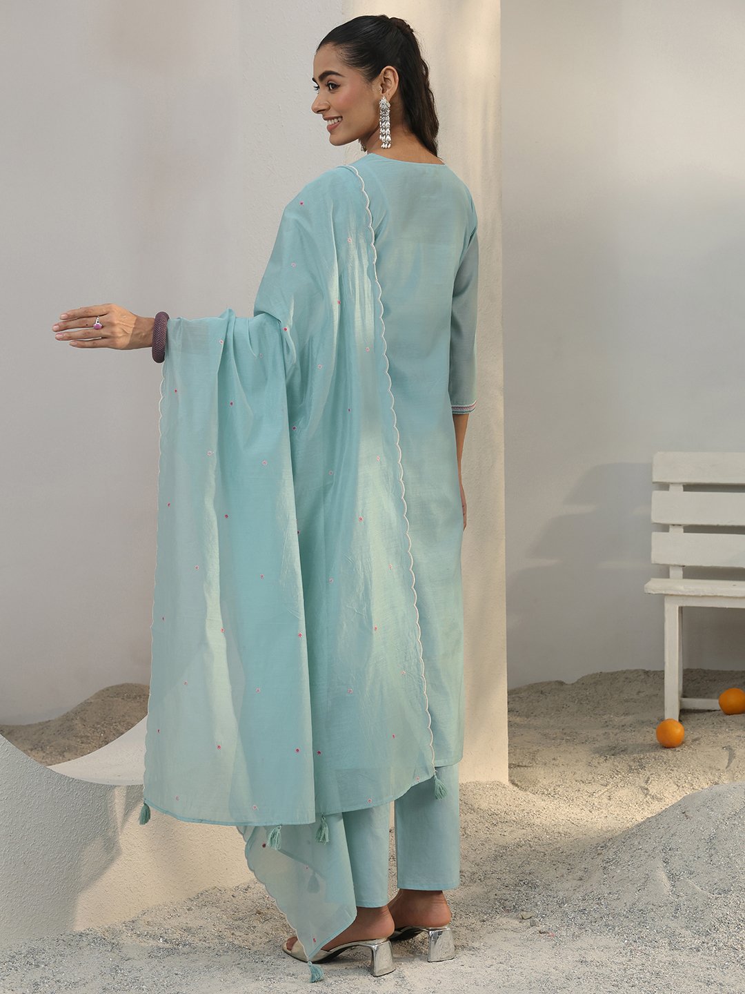 Blue Embroidered Silk Blend Straight Kurta with Trousers and Dupatta Set