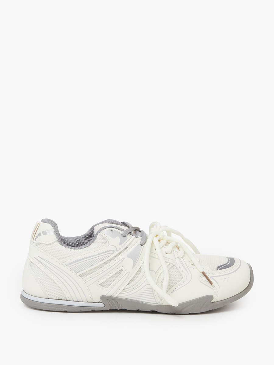 White Contrast Sole Lace Up Sneakers with Pull Tab