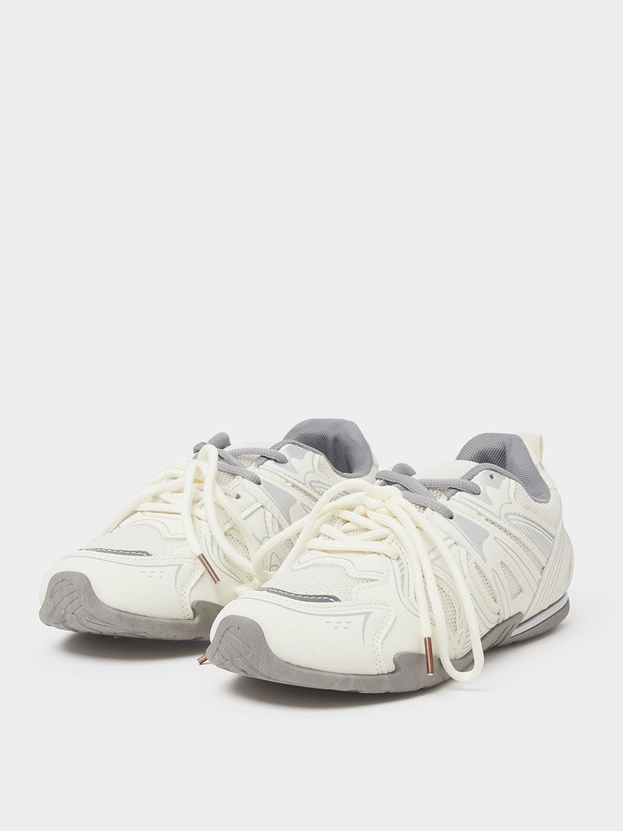 White Contrast Sole Lace Up Sneakers with Pull Tab
