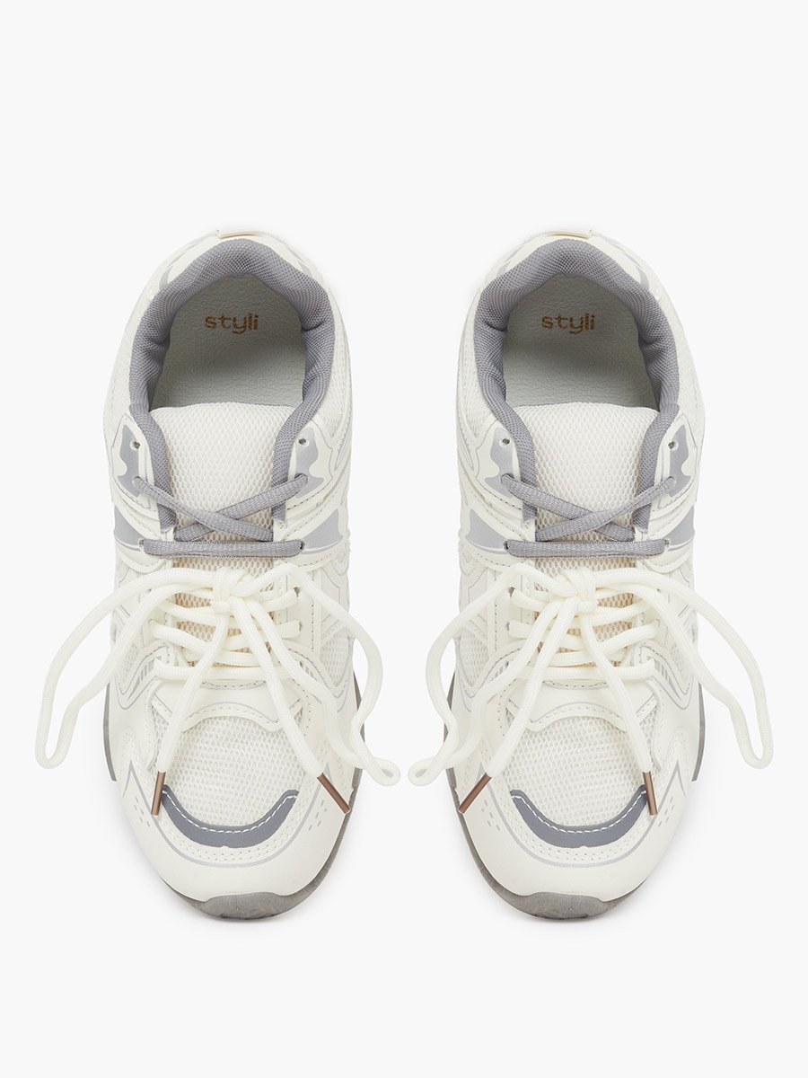 White Contrast Sole Lace Up Sneakers with Pull Tab