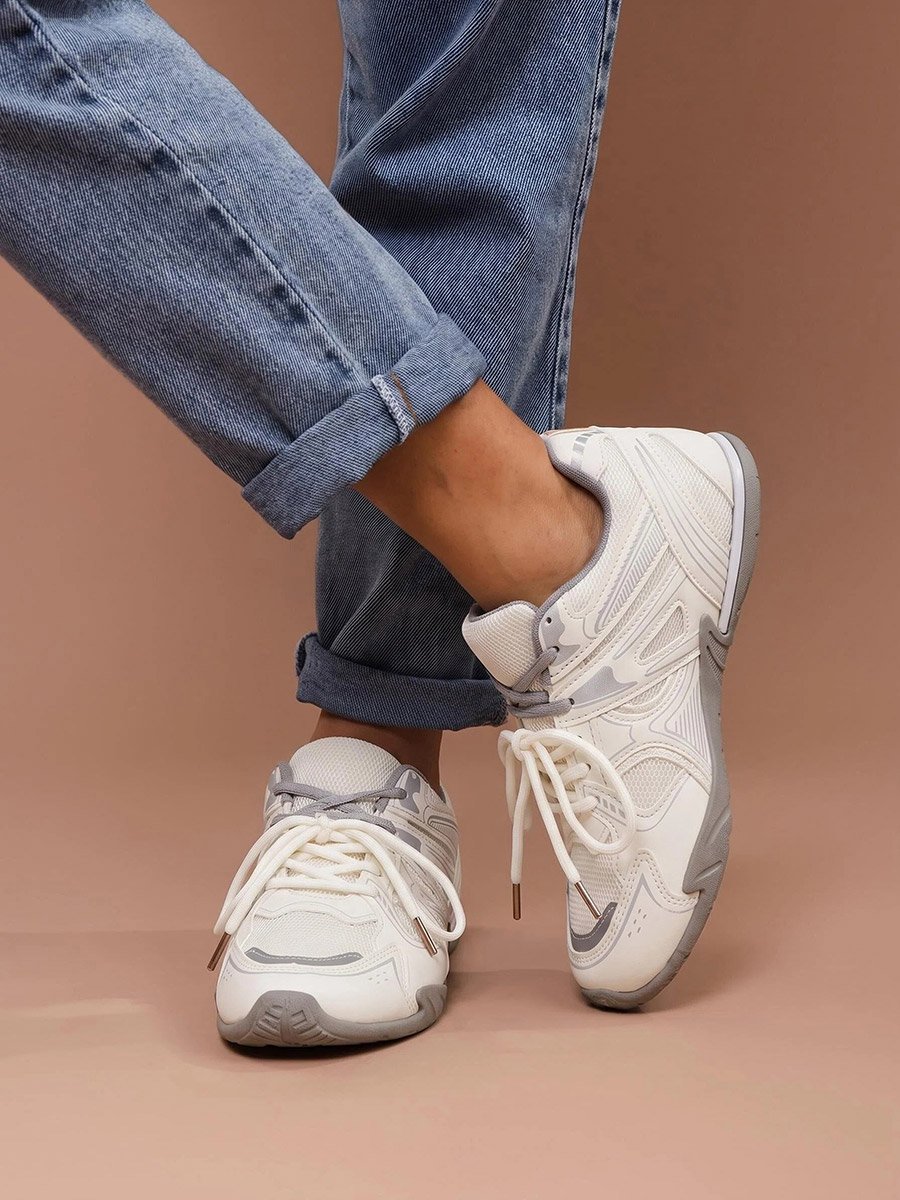 White Contrast Sole Lace Up Sneakers with Pull Tab