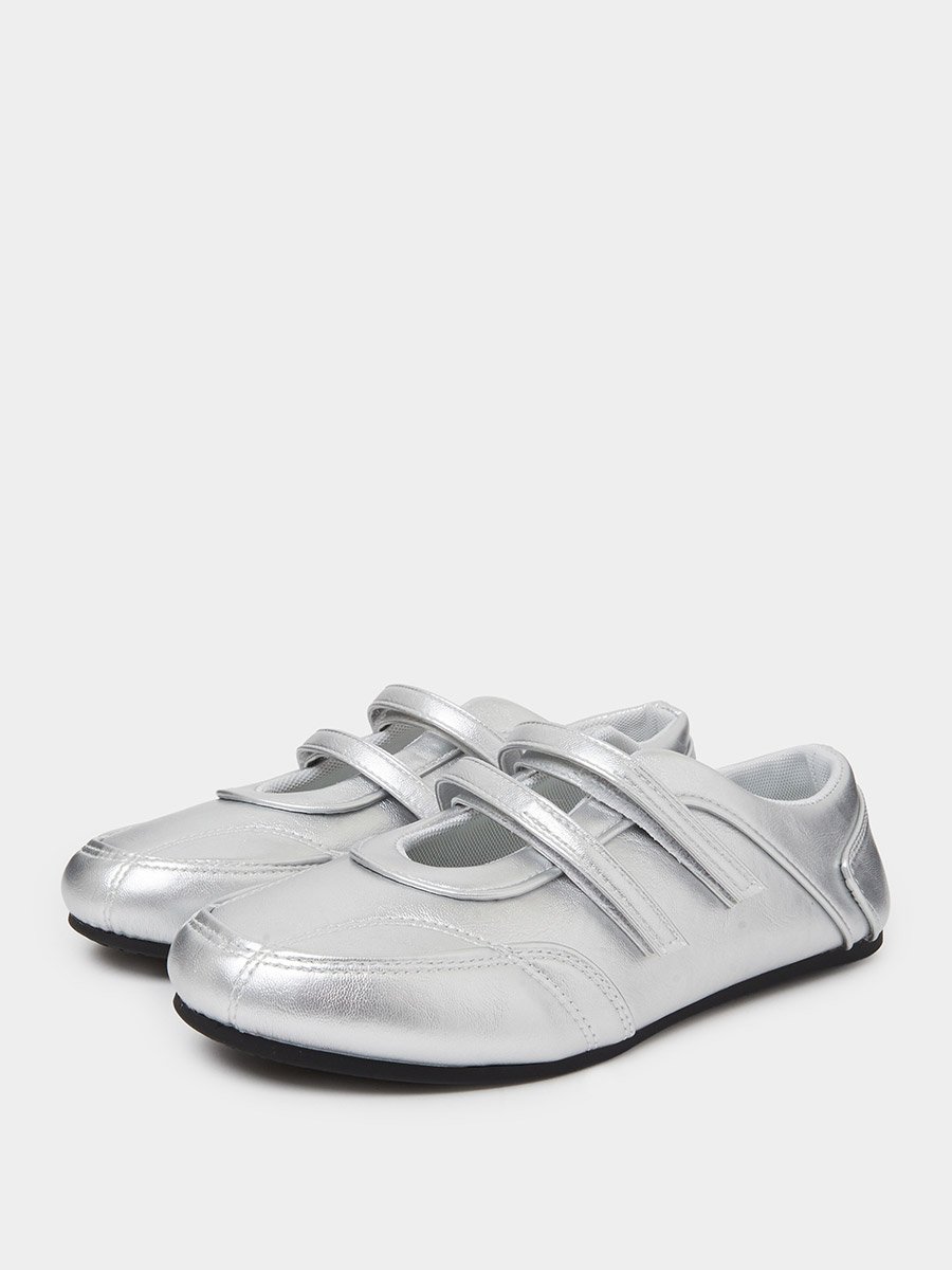 Silver Solid Round Toe Velcro Sneakers