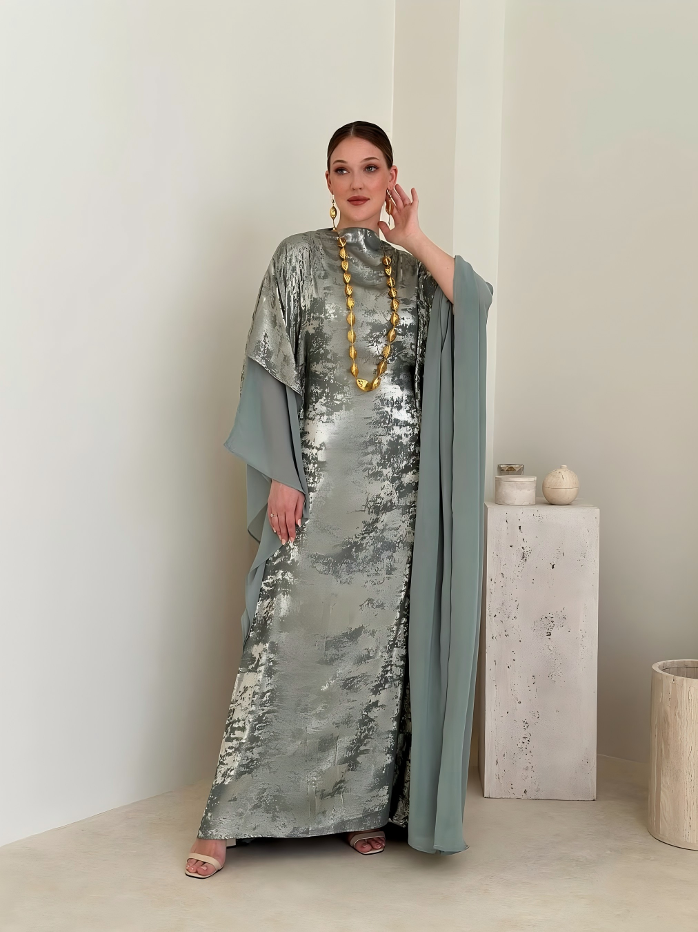 Green Maxi Kaftan With Metallic Detail
