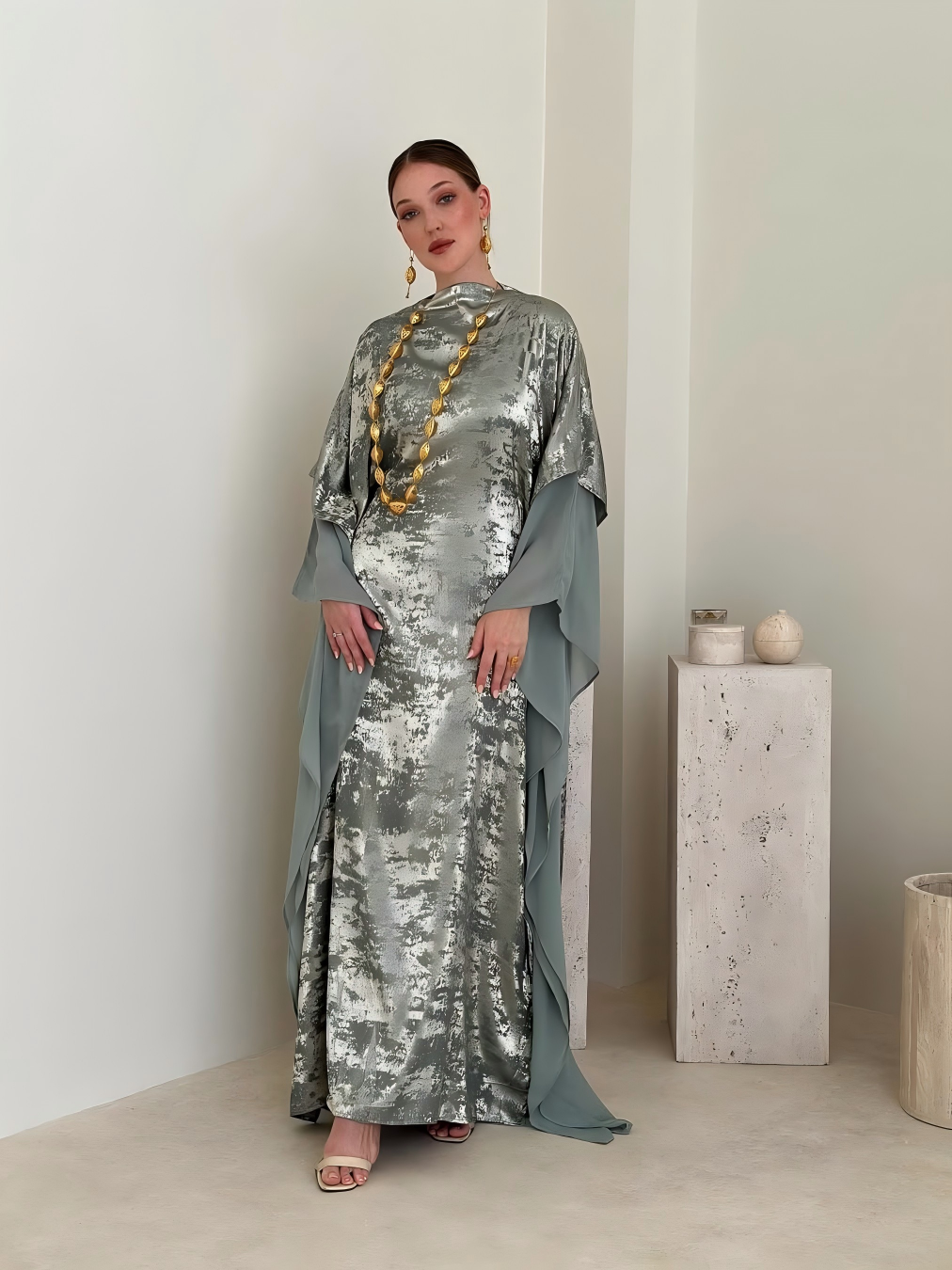 Green Maxi Kaftan With Metallic Detail