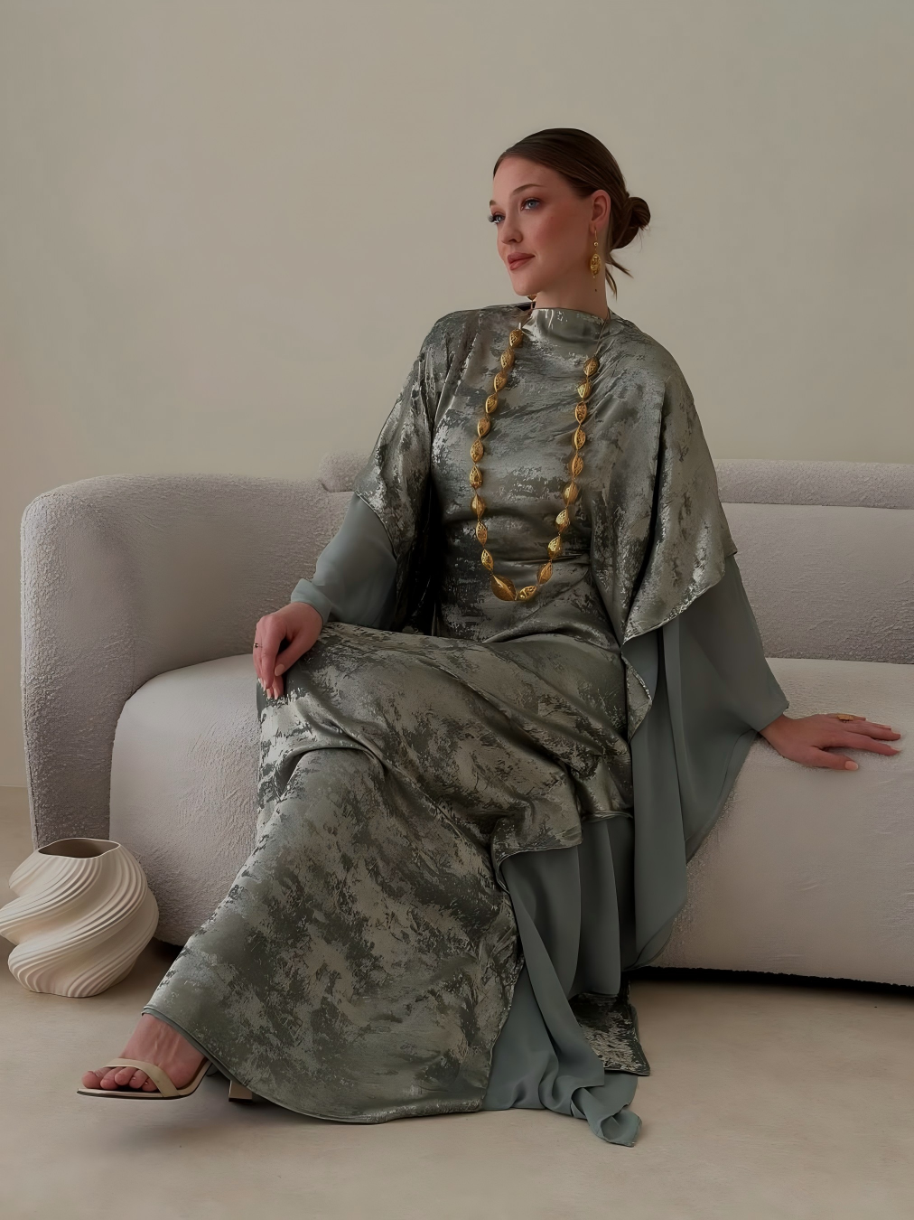 Green Maxi Kaftan With Metallic Detail