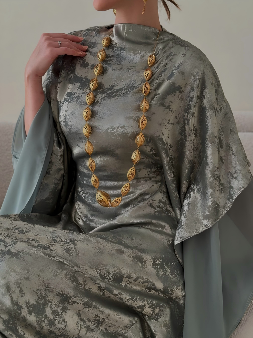 Green Maxi Kaftan With Metallic Detail