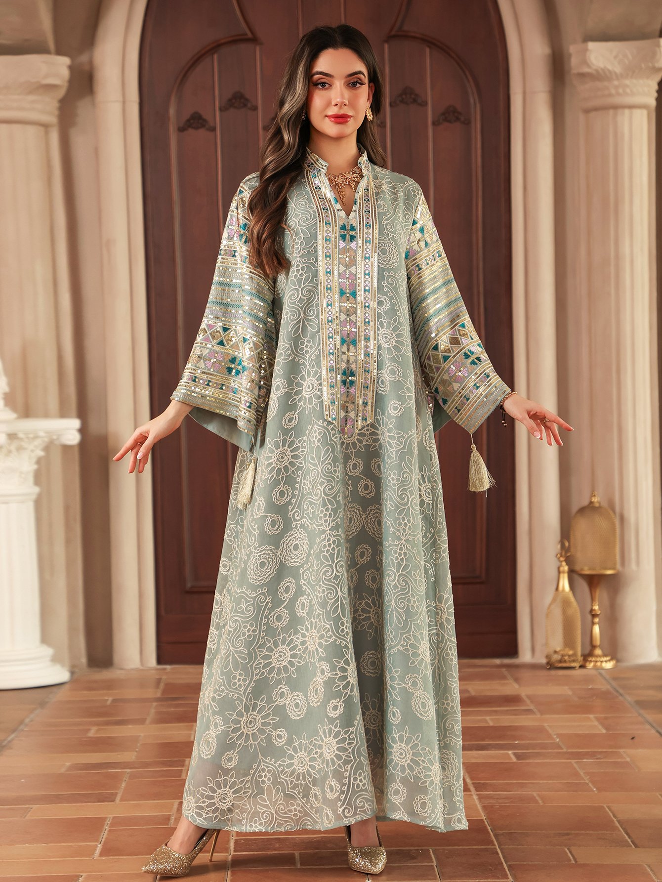Teal Maxi Jalabiya with Intricate Embroidery