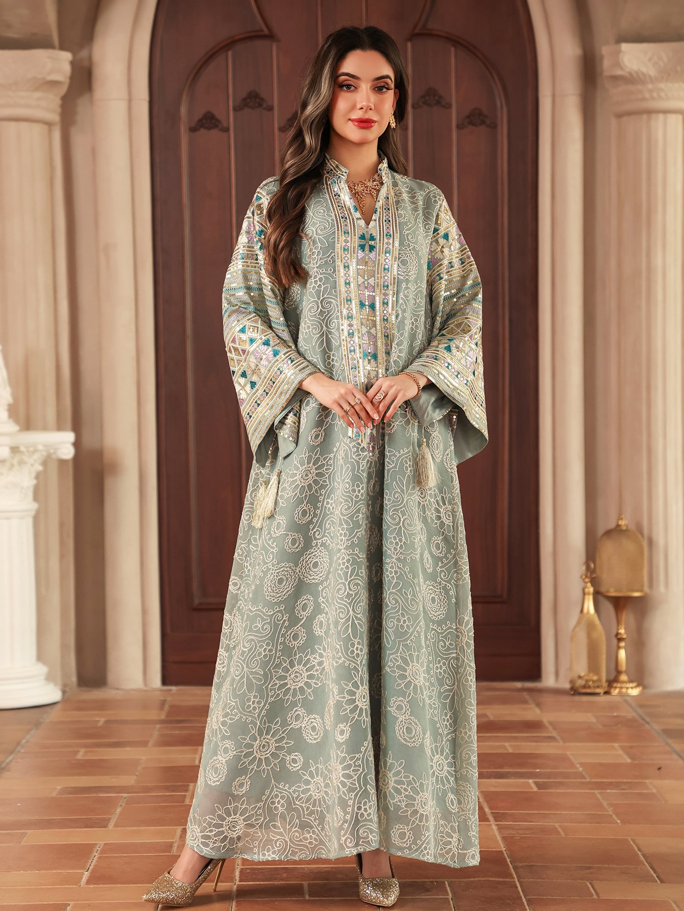Teal Maxi Jalabiya with Intricate Embroidery