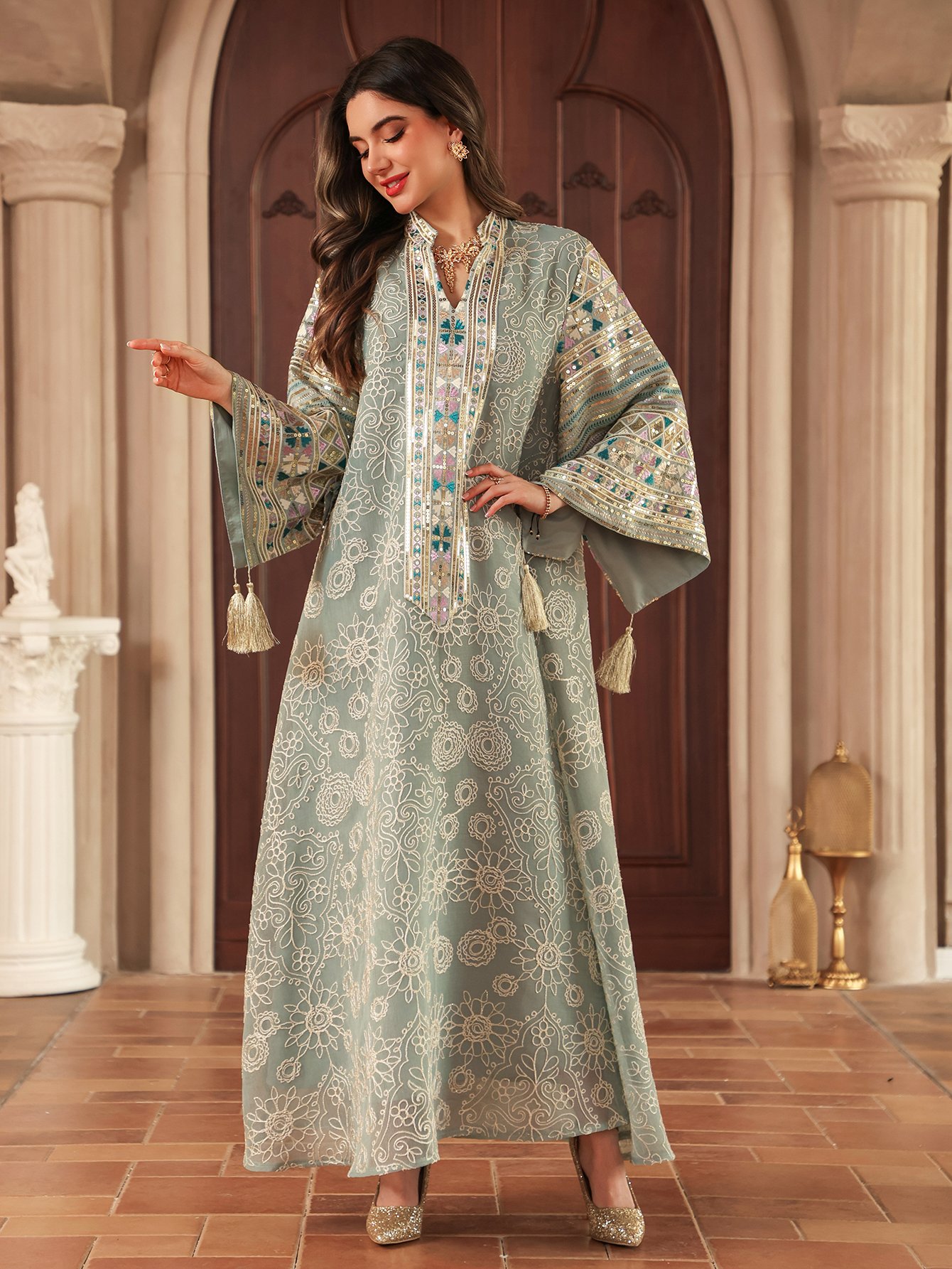 Teal Maxi Jalabiya with Intricate Embroidery